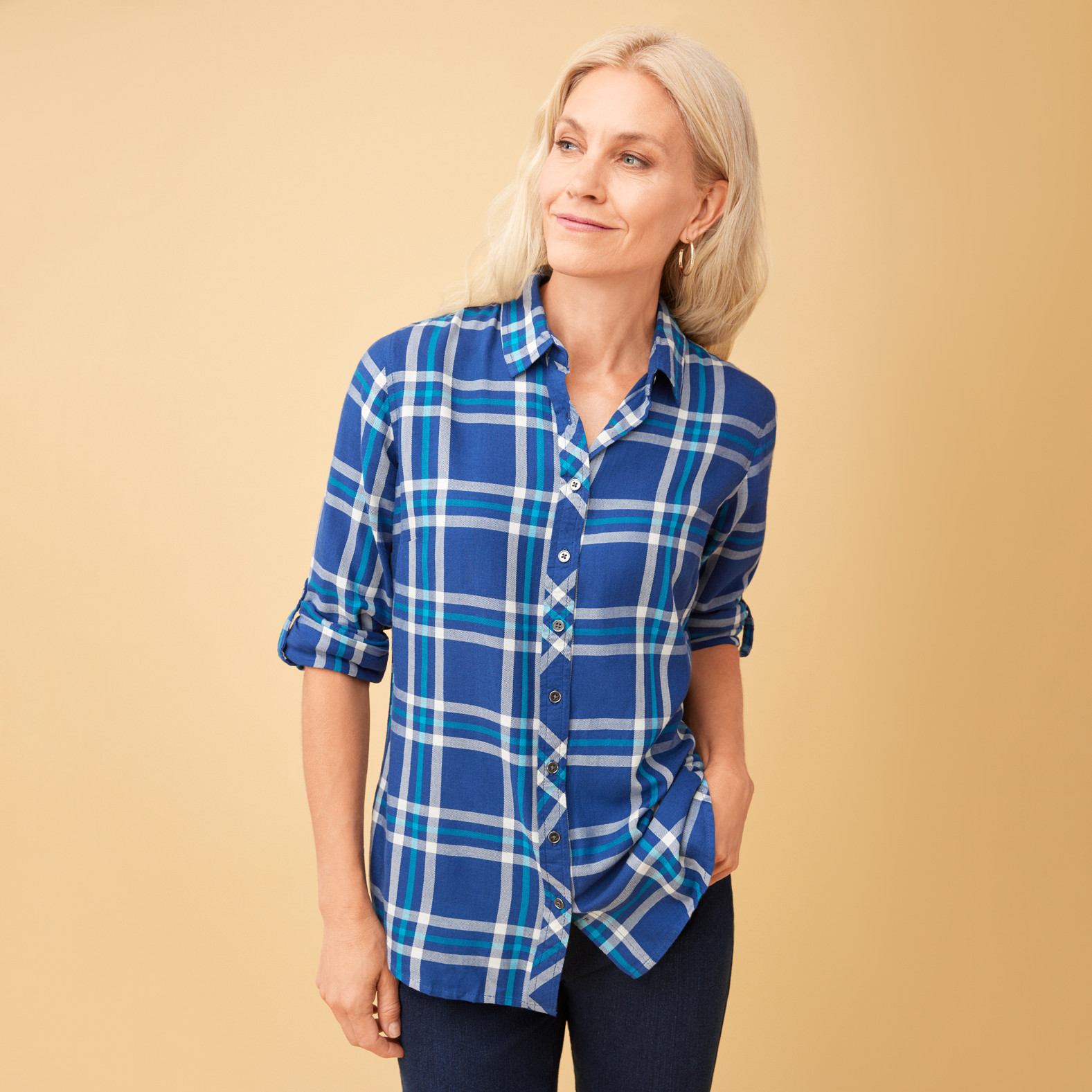 Roll Tab Plaid Shirt - Blue front view