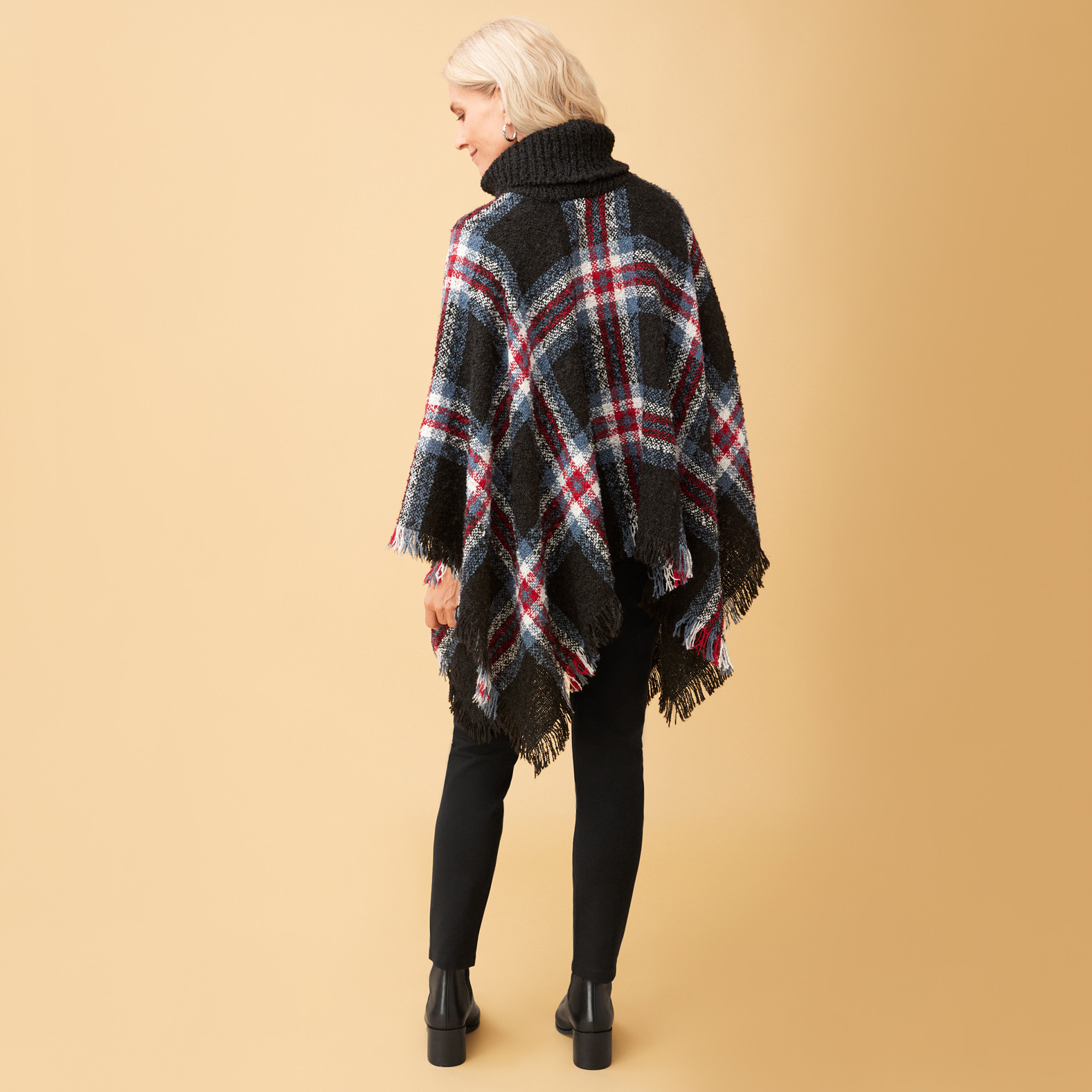 T Neck Knit Plaid Poncho Back View