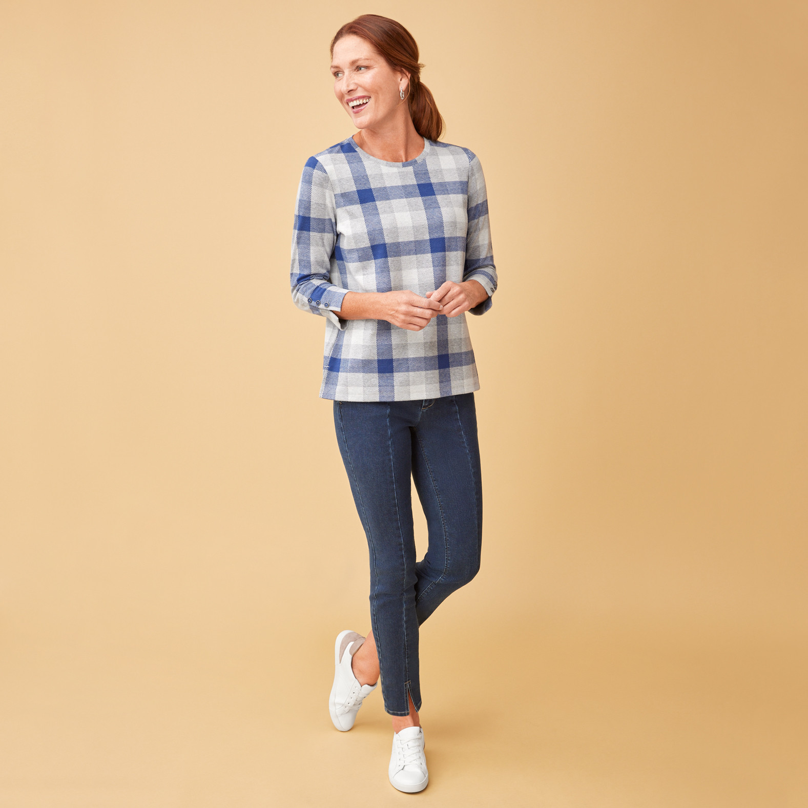 Windowpane Pullover Top Full body Front View - marine blue
