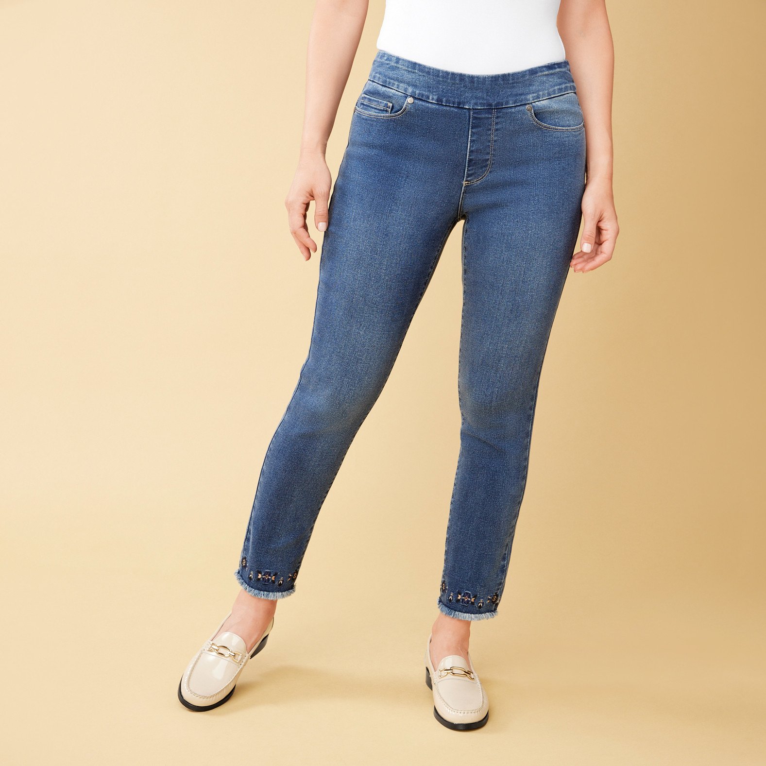 Embellished Hem Stretch Denim