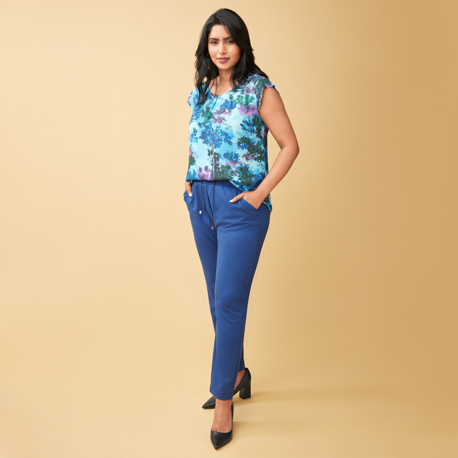 Blue Sleeveless Printed Blouse Front View