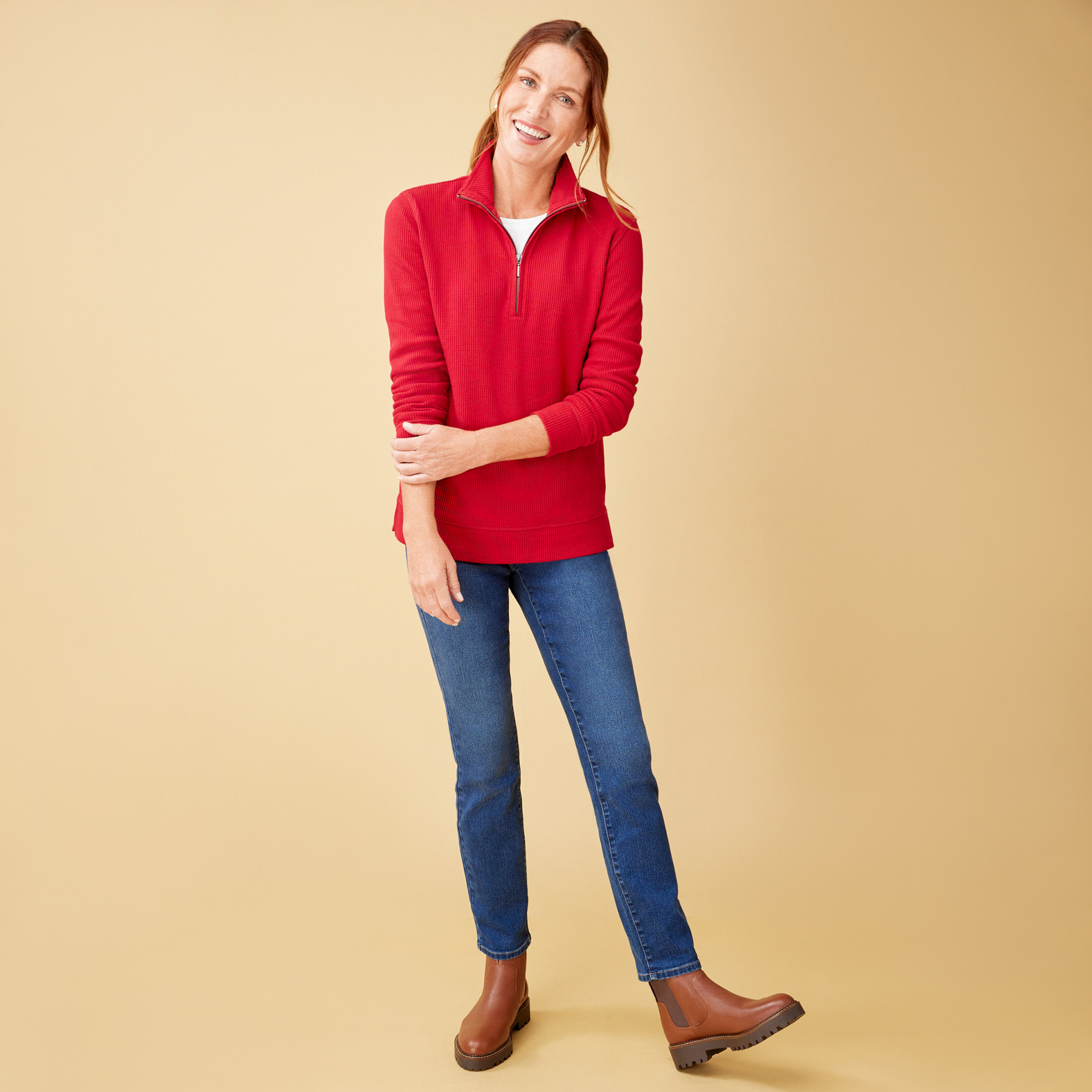 Women's Waffle Zip Sweater -Red full body