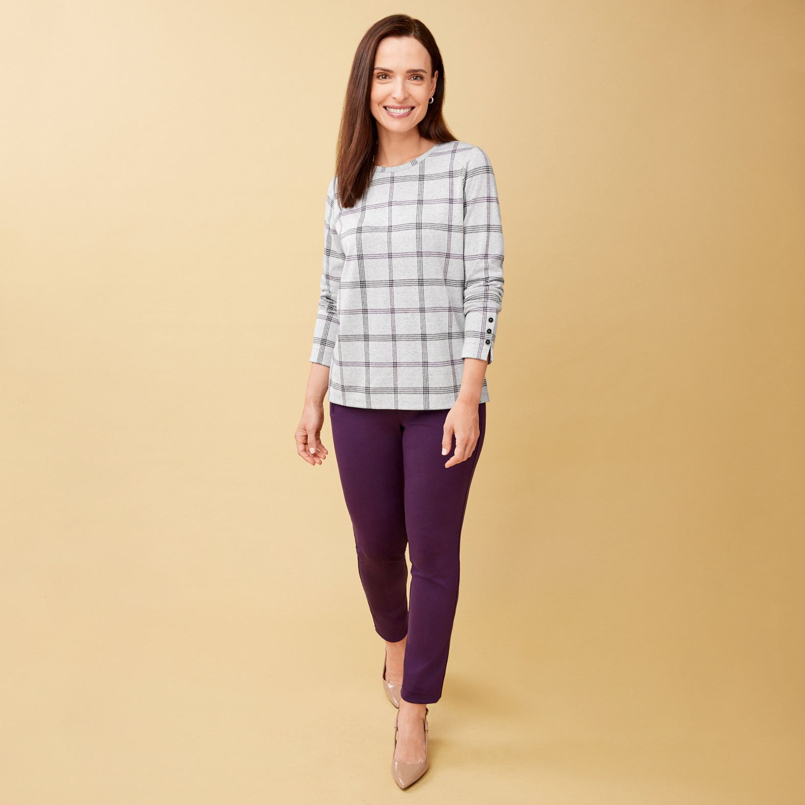 Window Pane Button Cuff Top Full Body