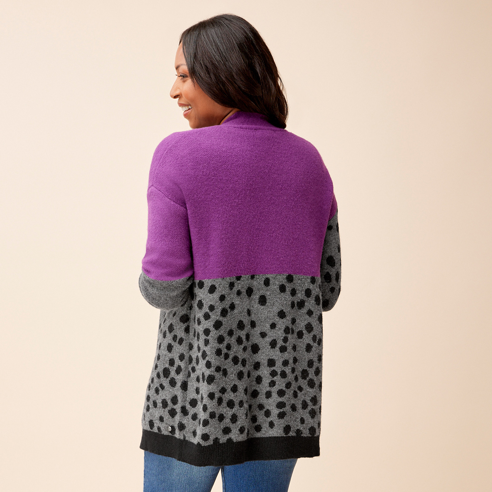 Colourblock Knit Cardigan back view- purple plum