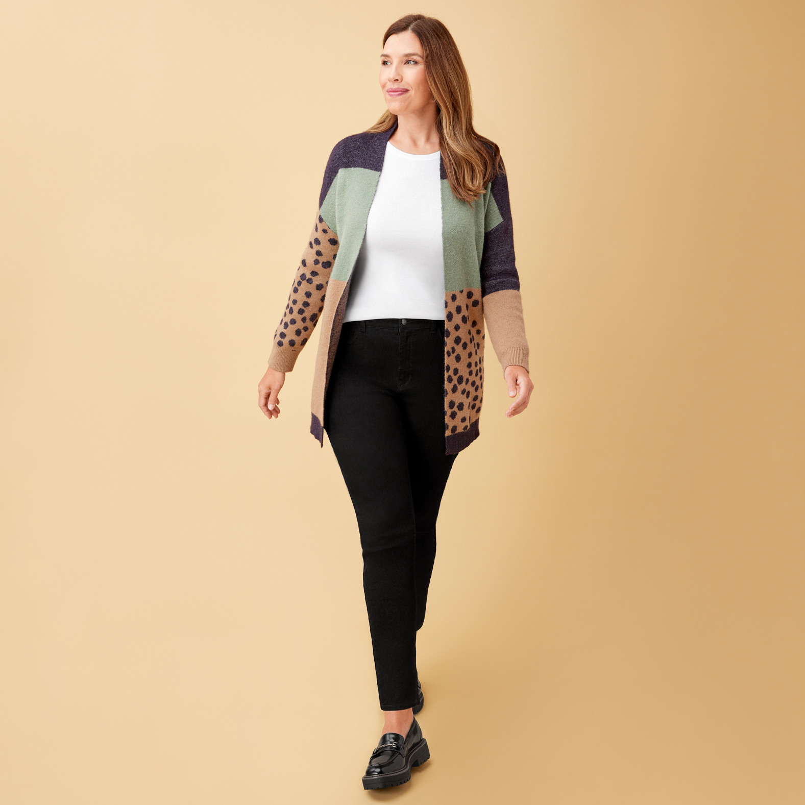 Colourblock Knit Cardigan full body view - chestnut