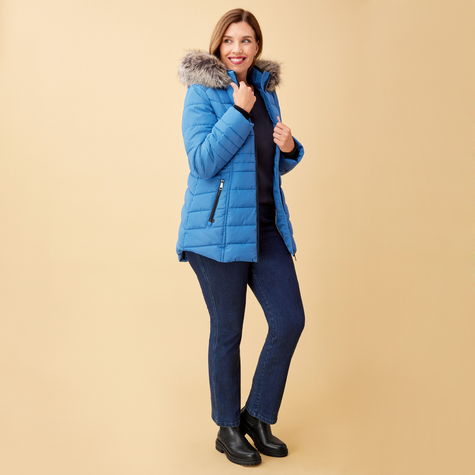 Faux Fur Trim Insulated Coat Side View