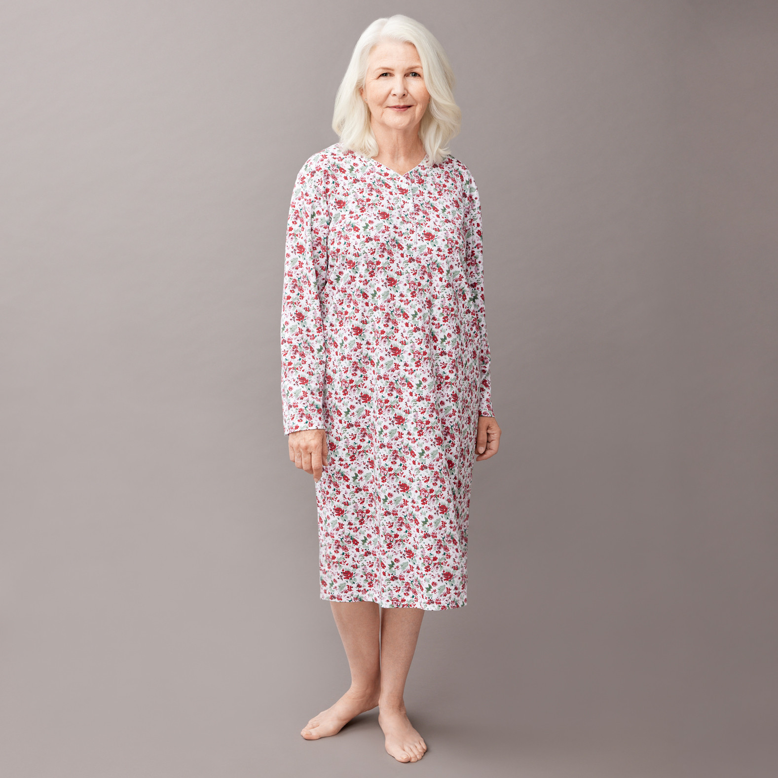 Long Sleeve Floral Print Nightgown Front View