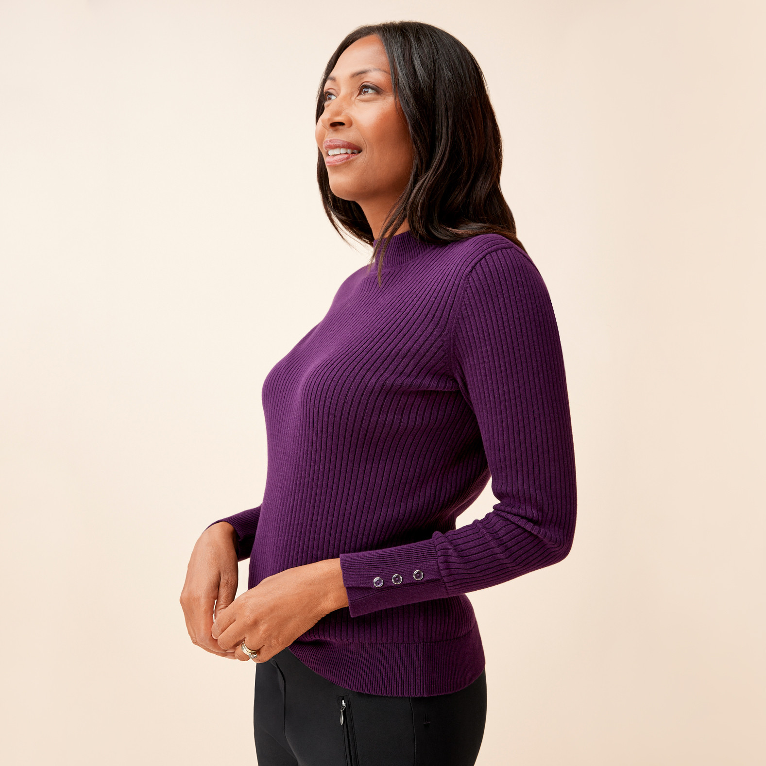 Soft Knit Mock Neck Pullover Sweater Side View