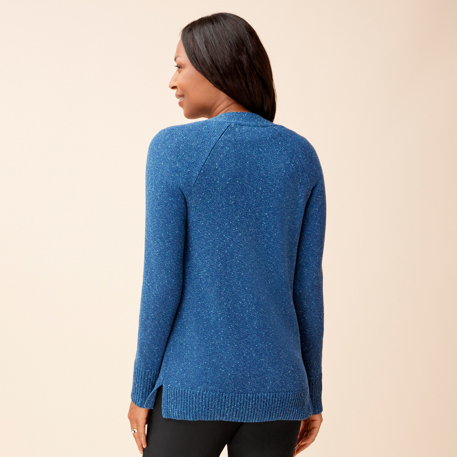 Soft Knit Nub Yarn Cardigan back view - marine blue