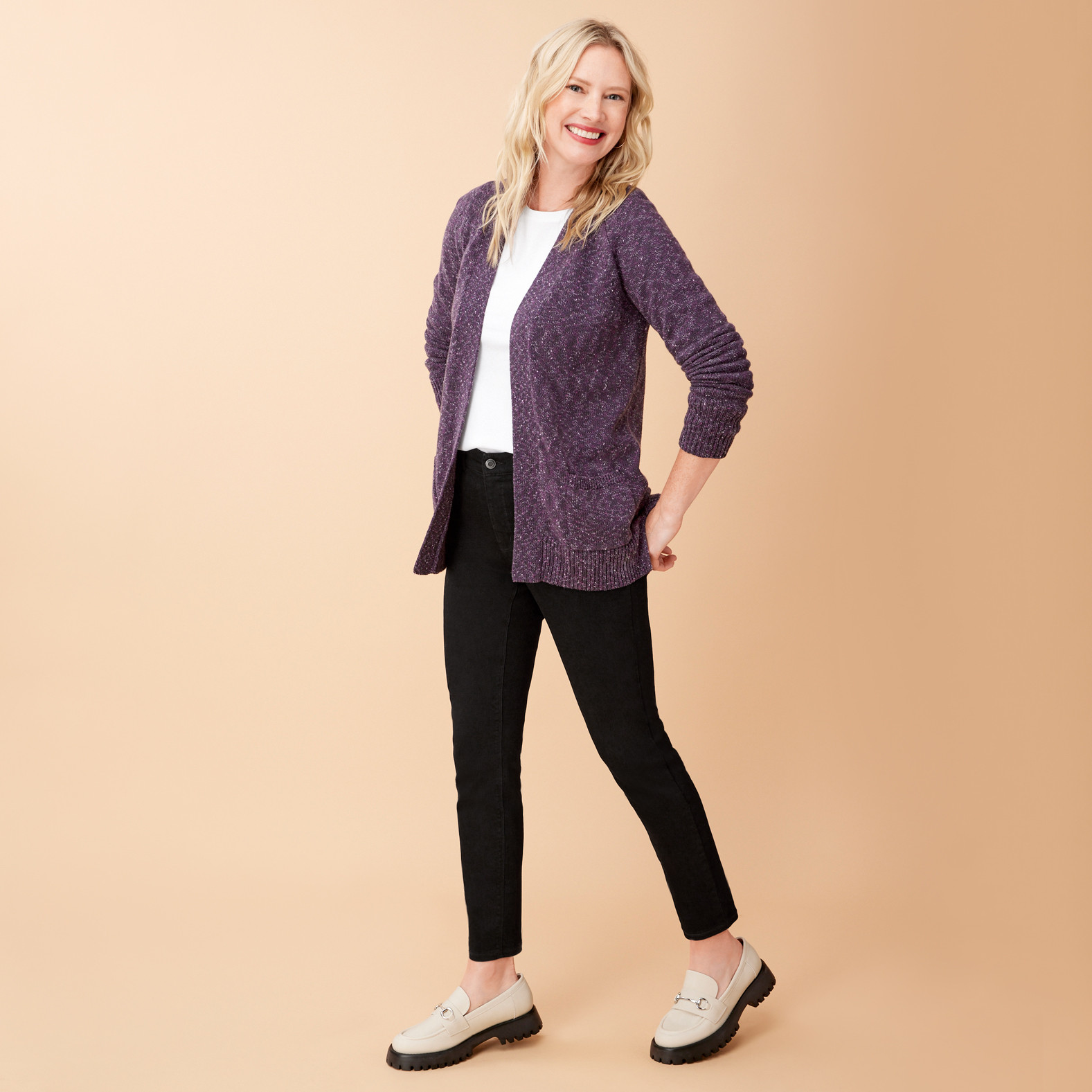 Soft Knit Nub Yarn Cardigan Front View - mulberry purple