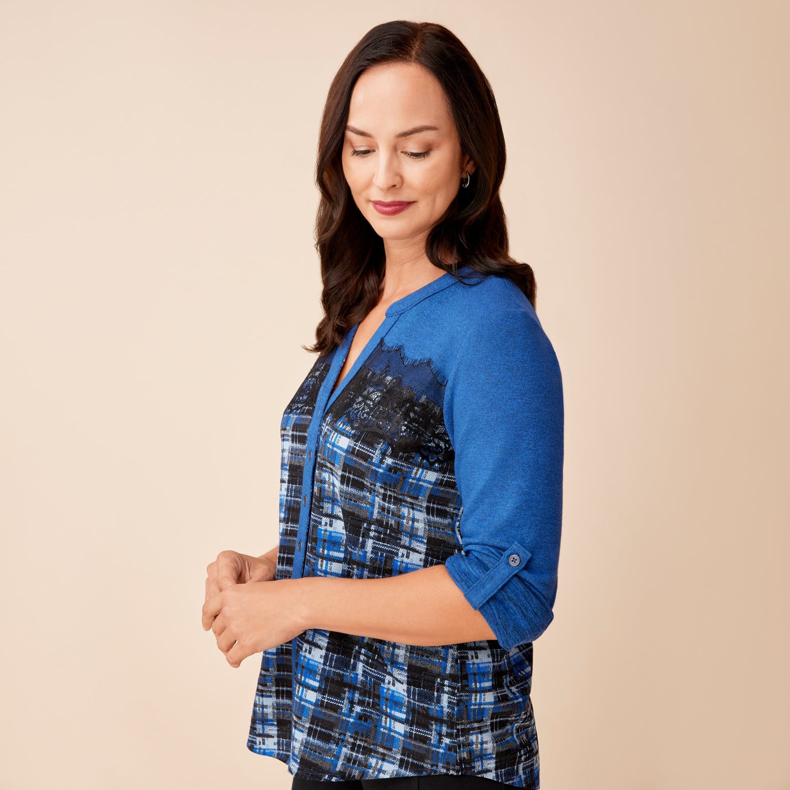 Petite -Roll Tab Mix Media Shirt Side View