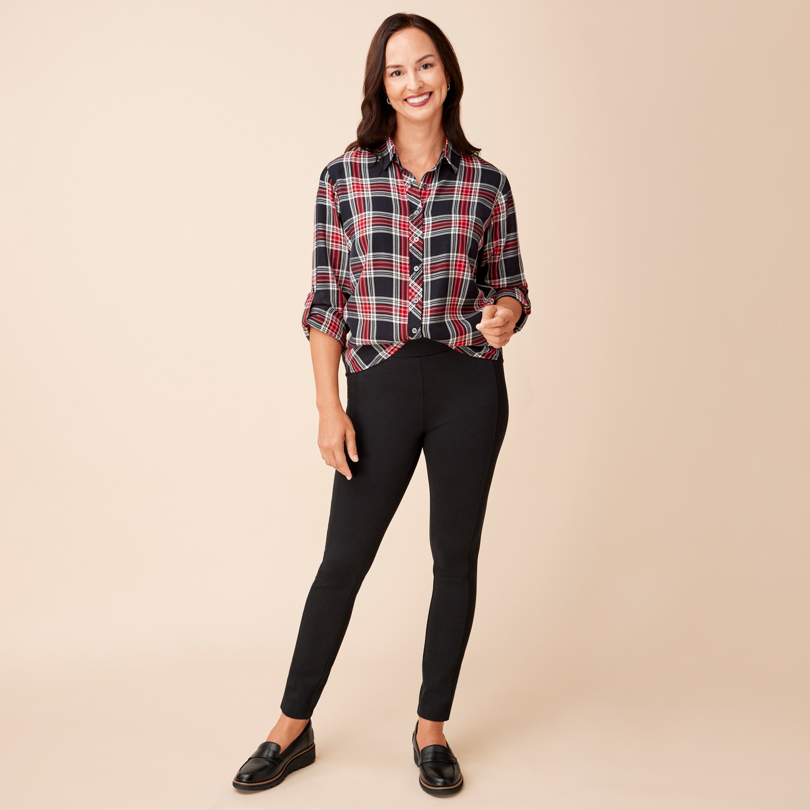 Relaxed Roll Tab Plaid Shirt - Black Tucked in