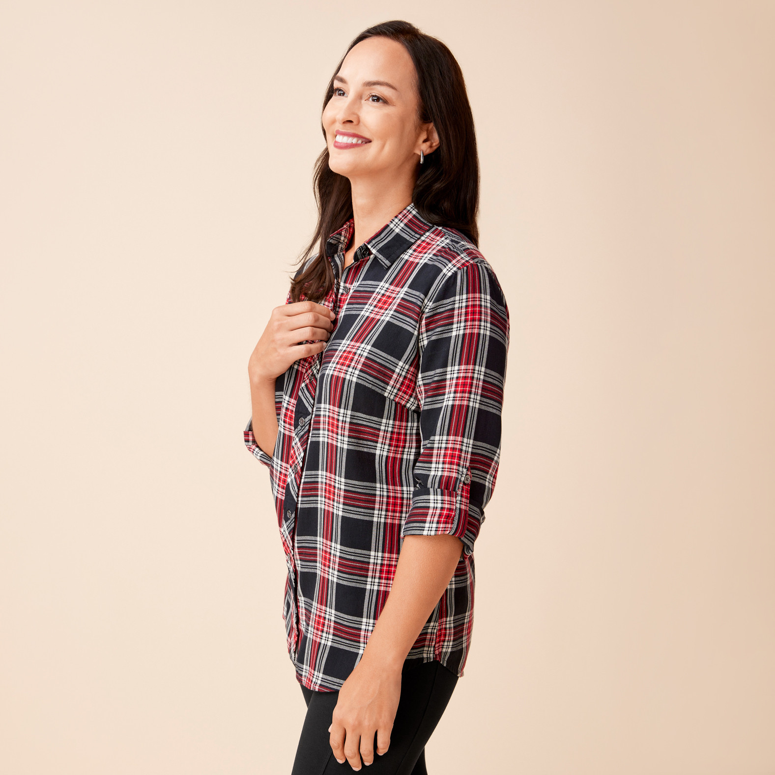 Relaxed Roll Tab Plaid Shirt - Black Side View