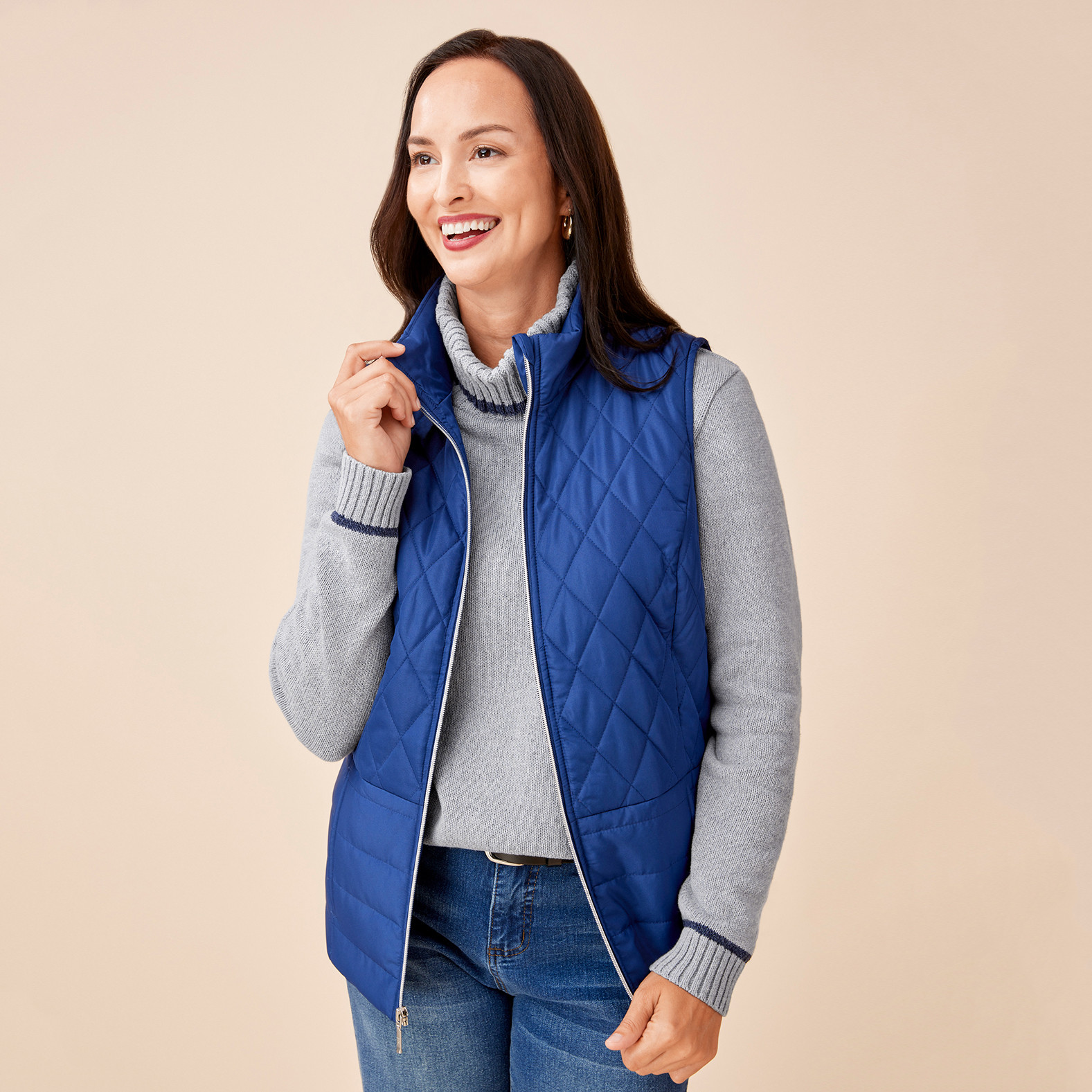 Knit Turtleneck Sweater blue layered with vest