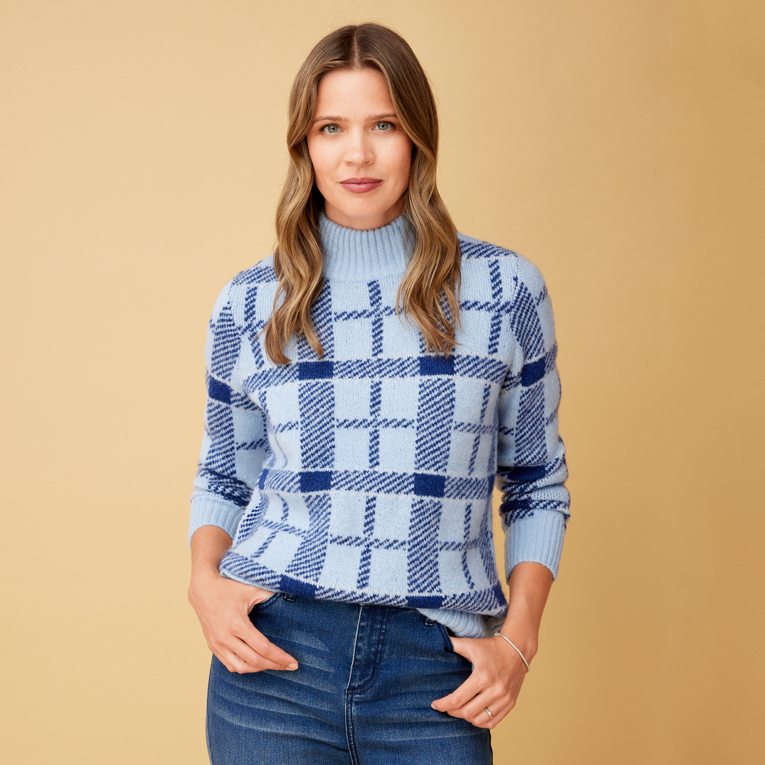 Mock Neck Knit Plaid Sweater