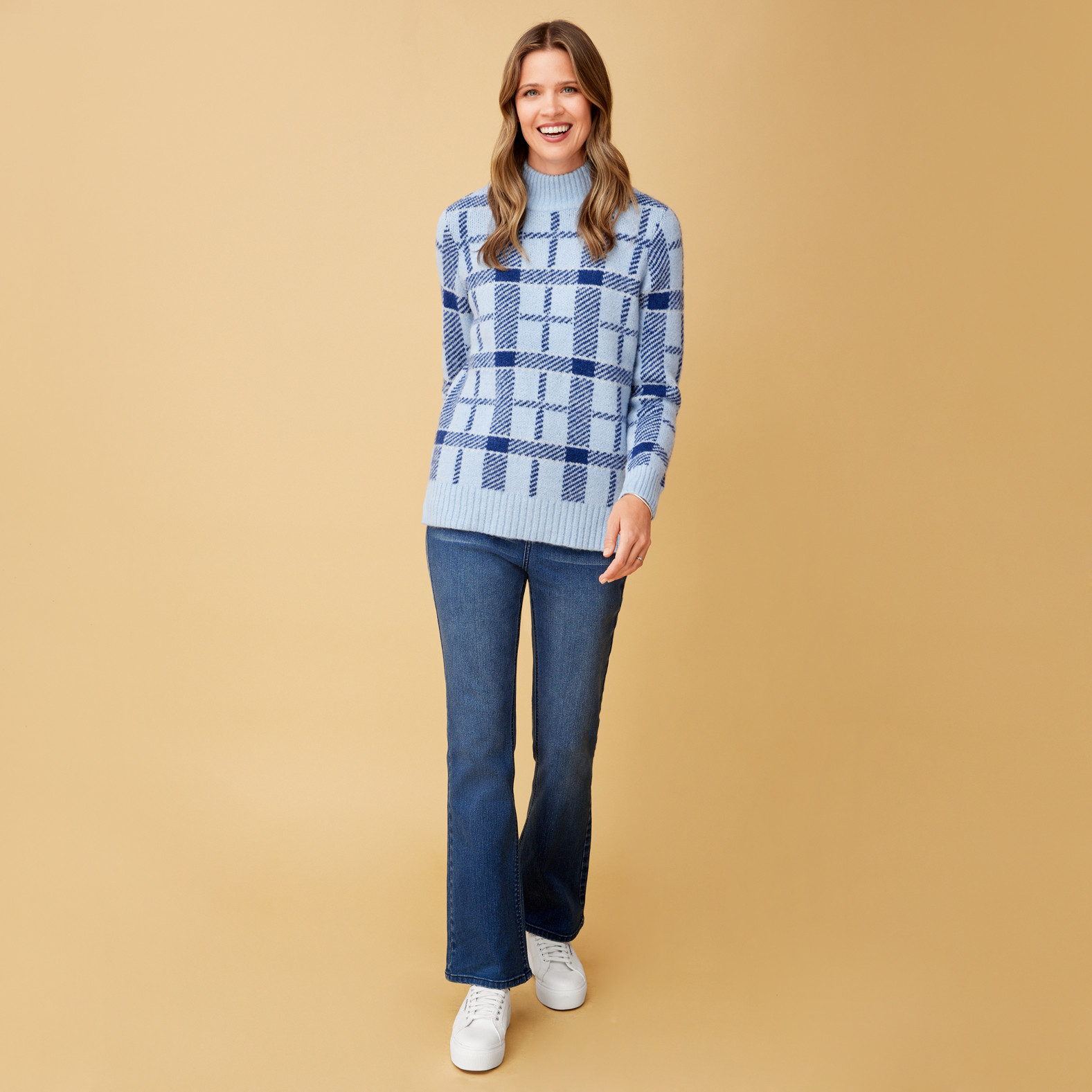Mock Neck Knit Plaid Sweater full body 2
