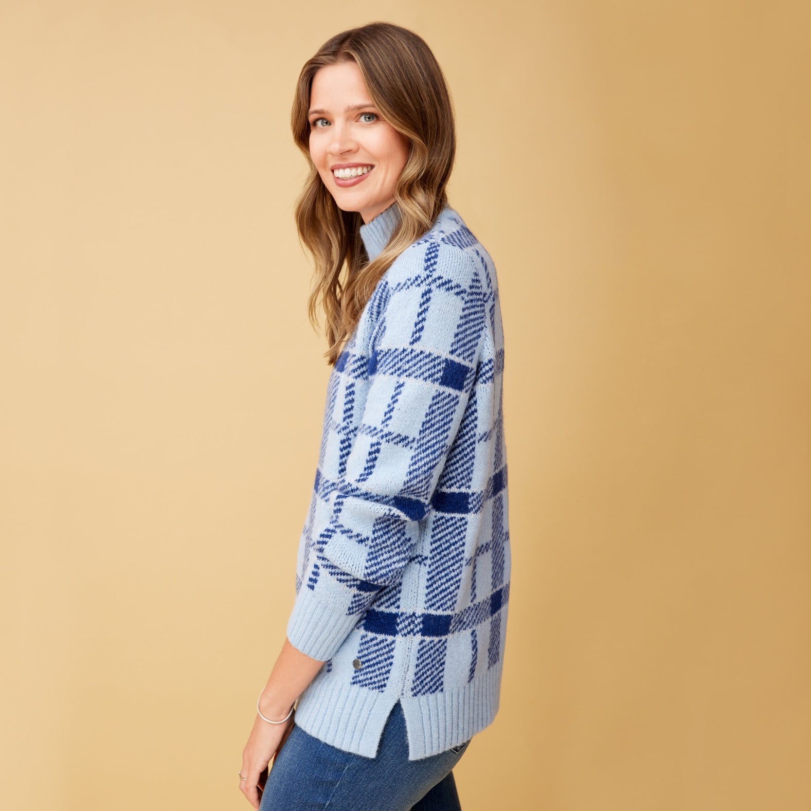 Mock Neck Knit Plaid Sweater side view