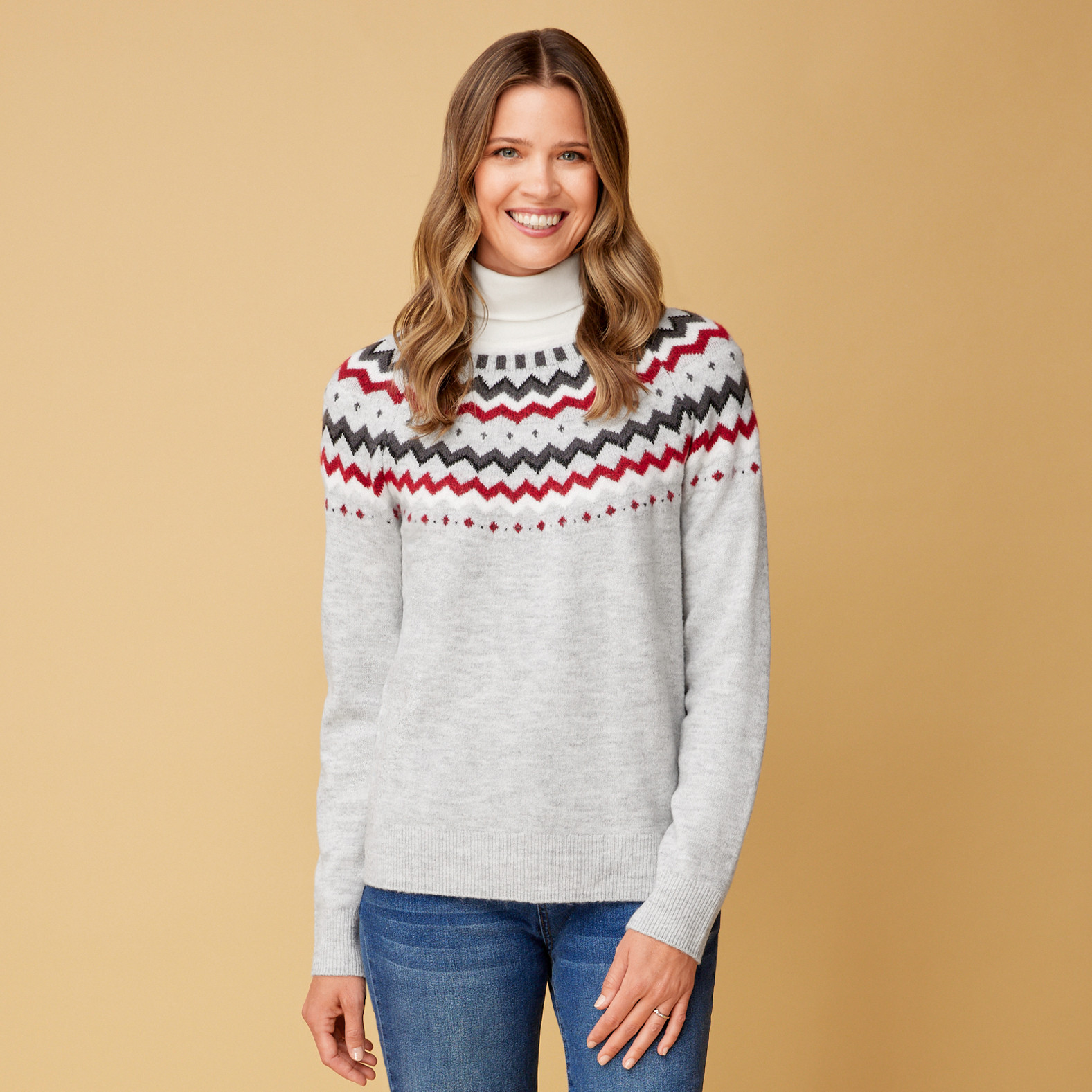 Moss Yarn Fair isle Jacquard Sweater front view layered with turtleneck tee