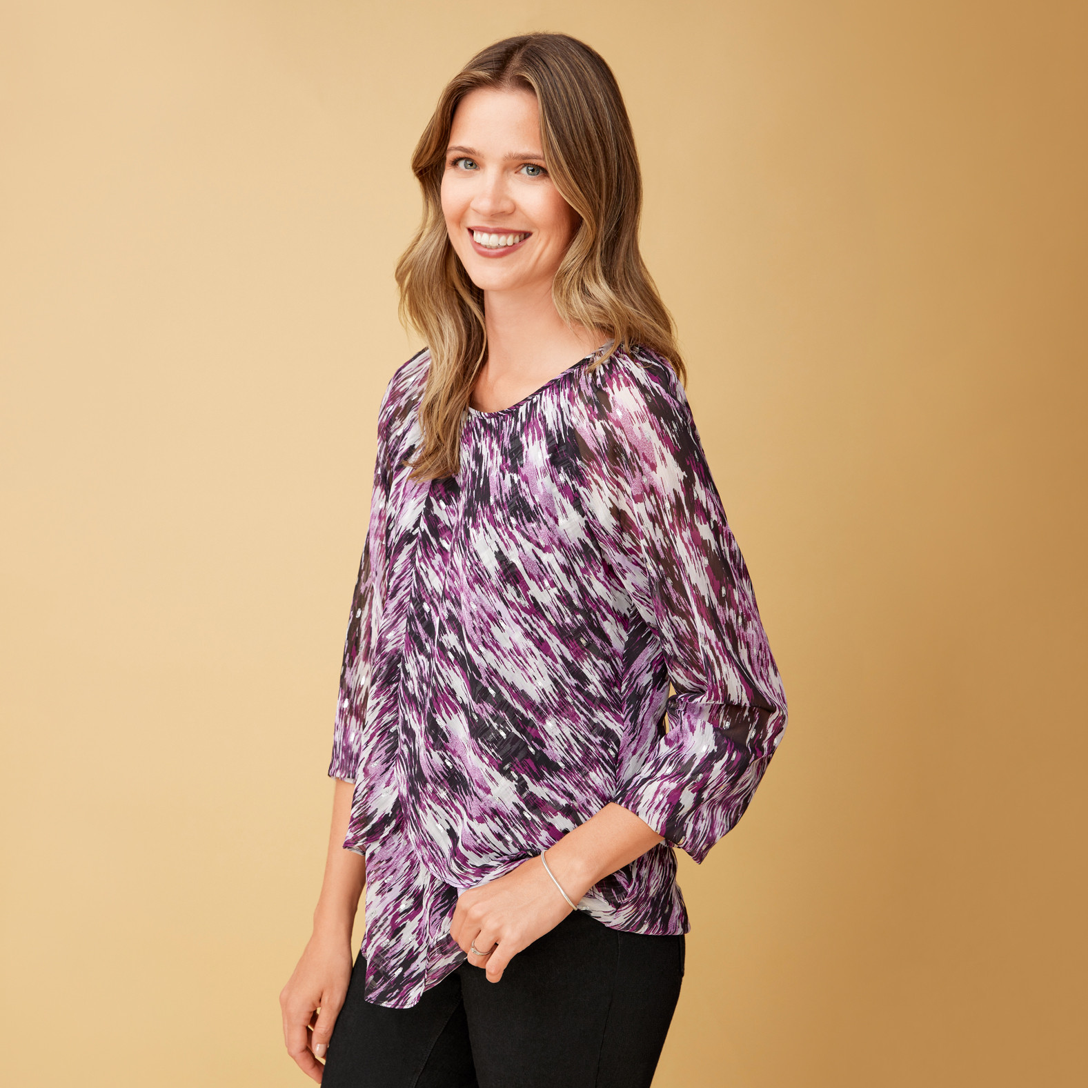 Printed Layered Hem  Blouse Front View