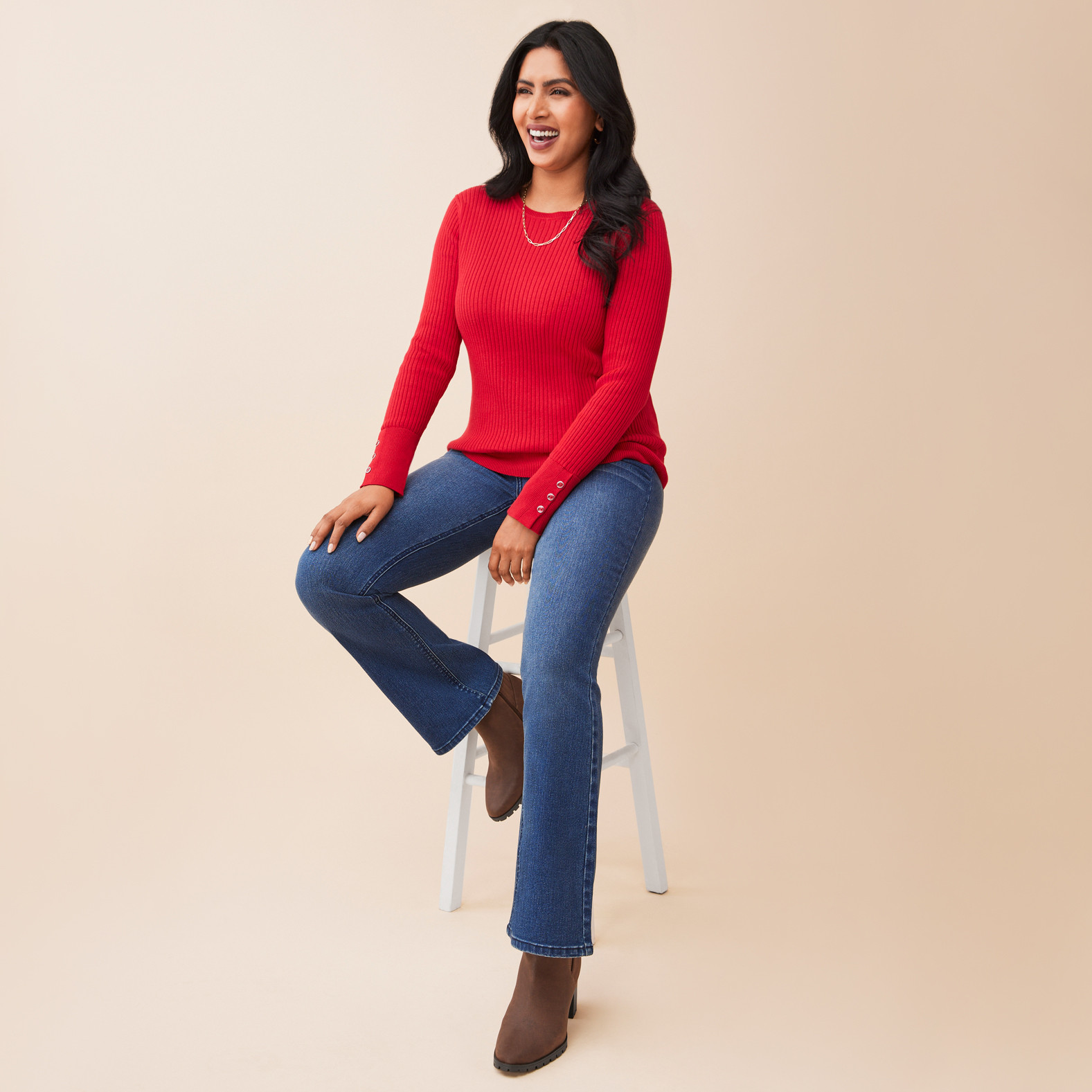 Button Sleeve Knit Sweater Front View-Simply Red
