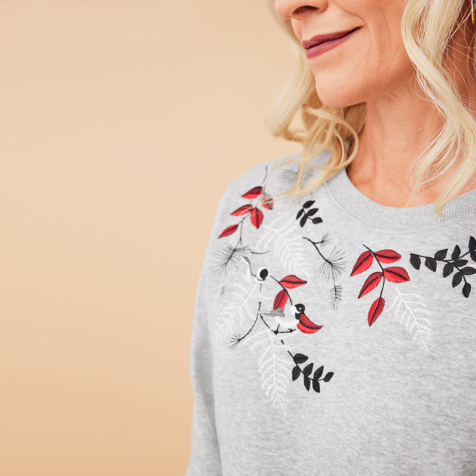 Embroidered Crew Neck Fleece Sweatshirt Close up
