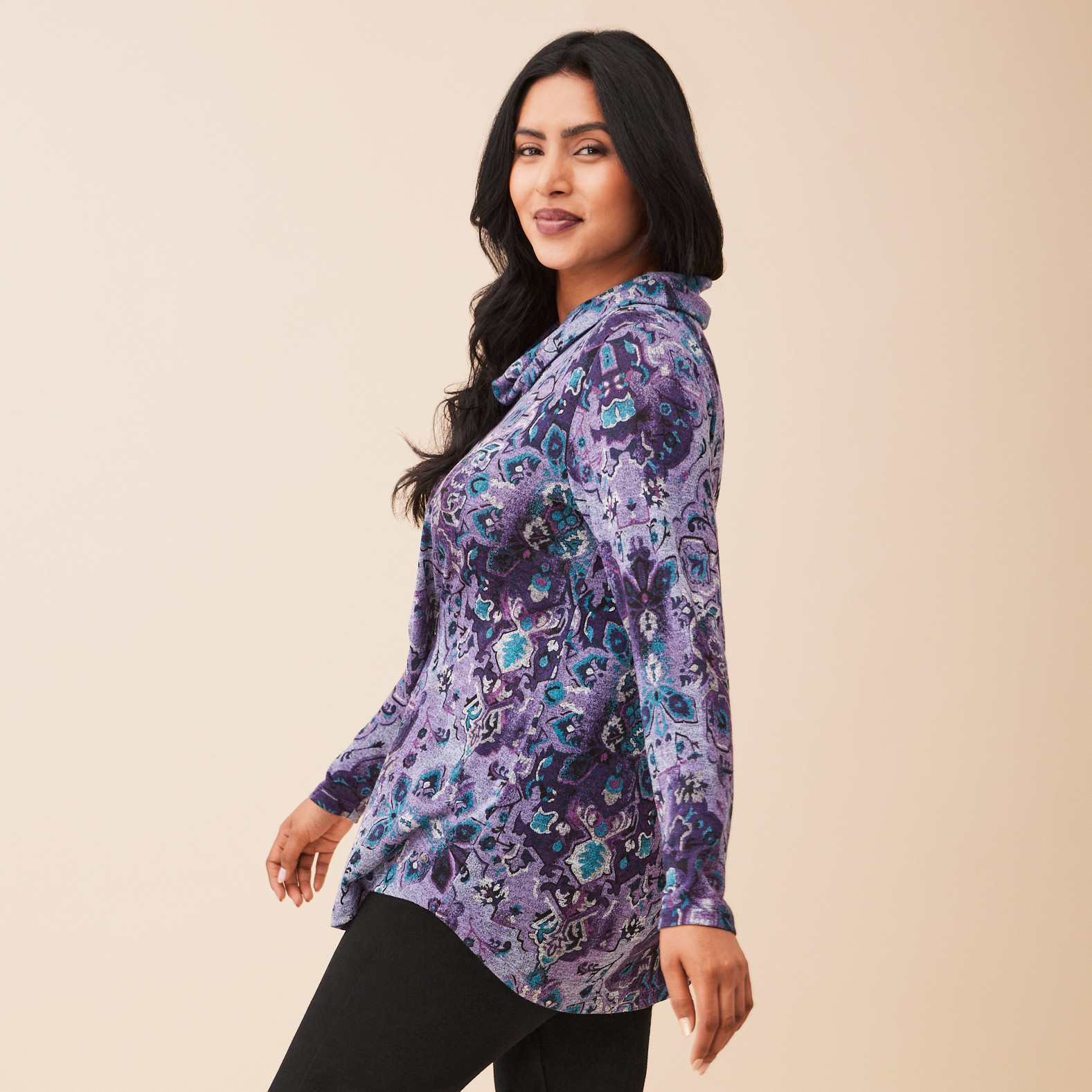Floral Print Cowl Neck Top Side View