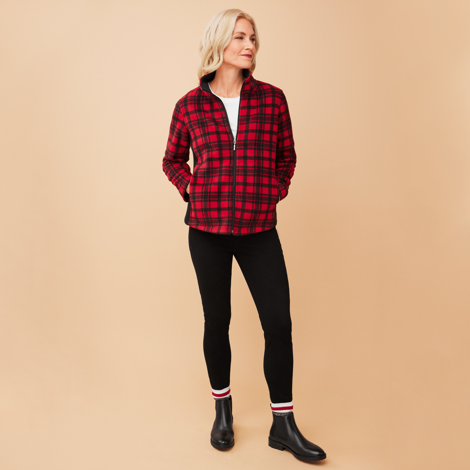 Plaid Zip Up Fleece Jacket Front View
