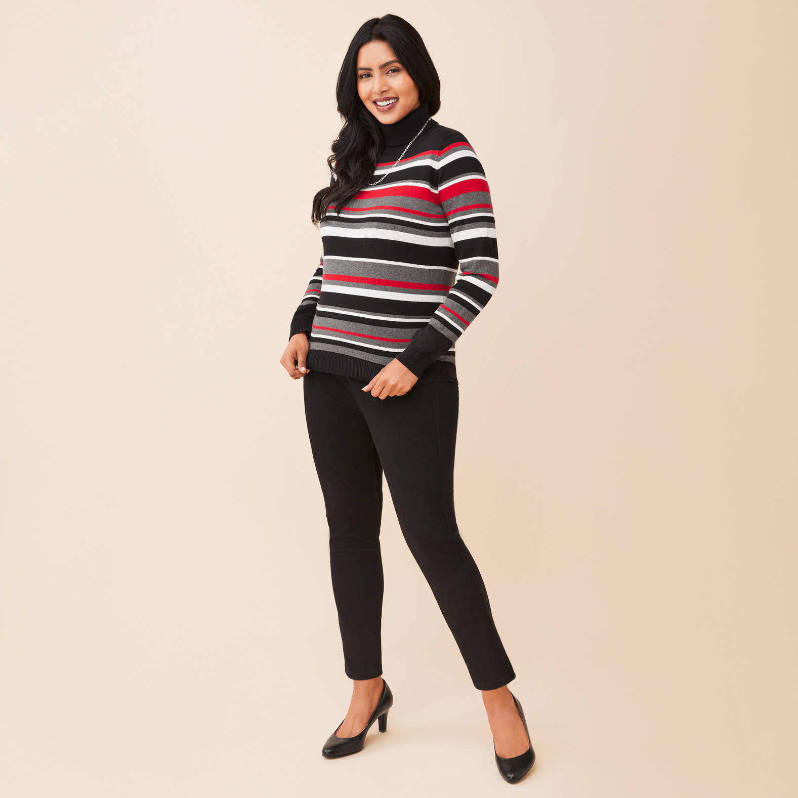 Turtleneck Striped Pullover Sweater Full Body