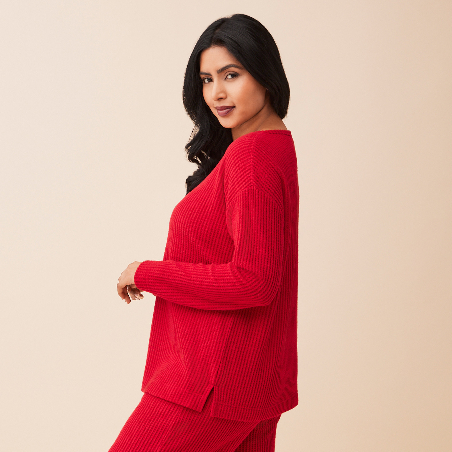Y Neck Cozy Waffle Knit Top Side View