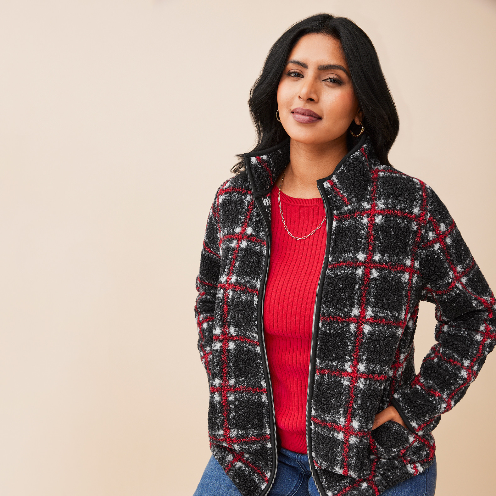 Zip Up Plaid Teddy Jacket