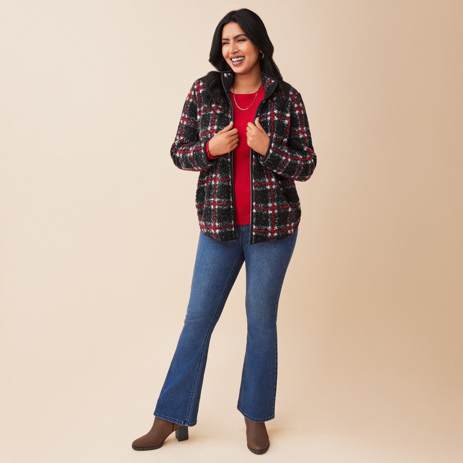 Zip Up Plaid Teddy Front View