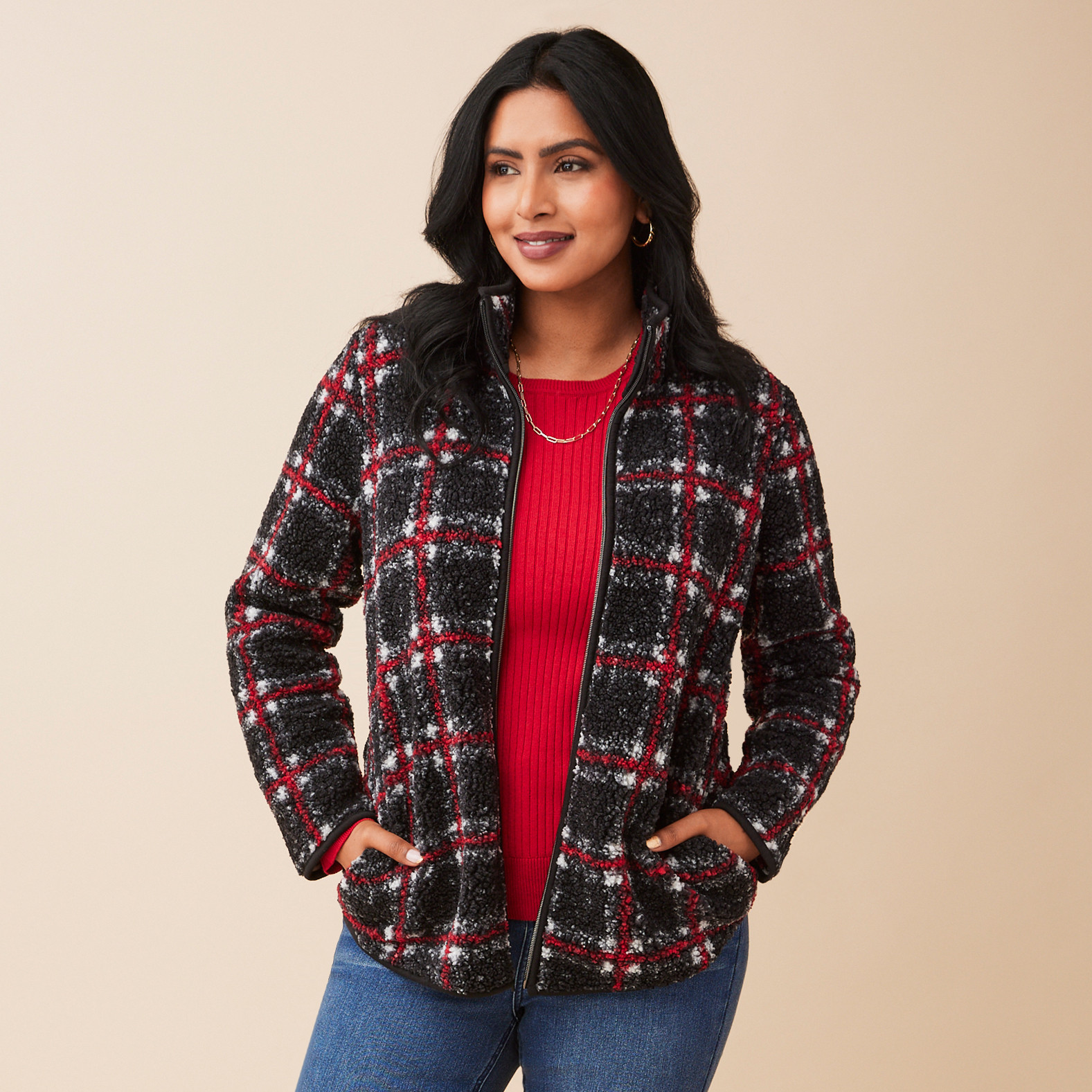 Zip Up Plaid Teddy Jacket