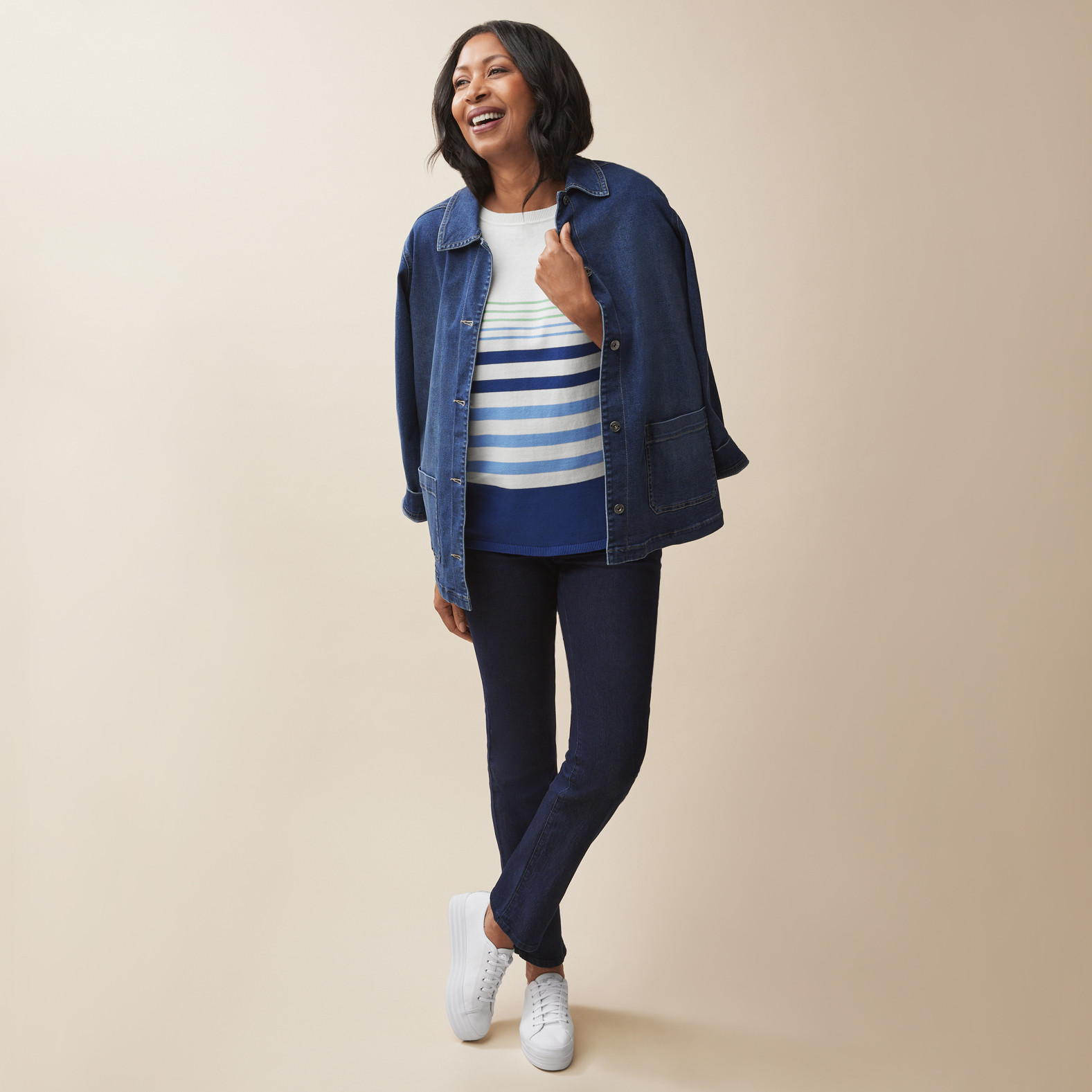 Striped Boatneck Sweater - Night Sky Outfit