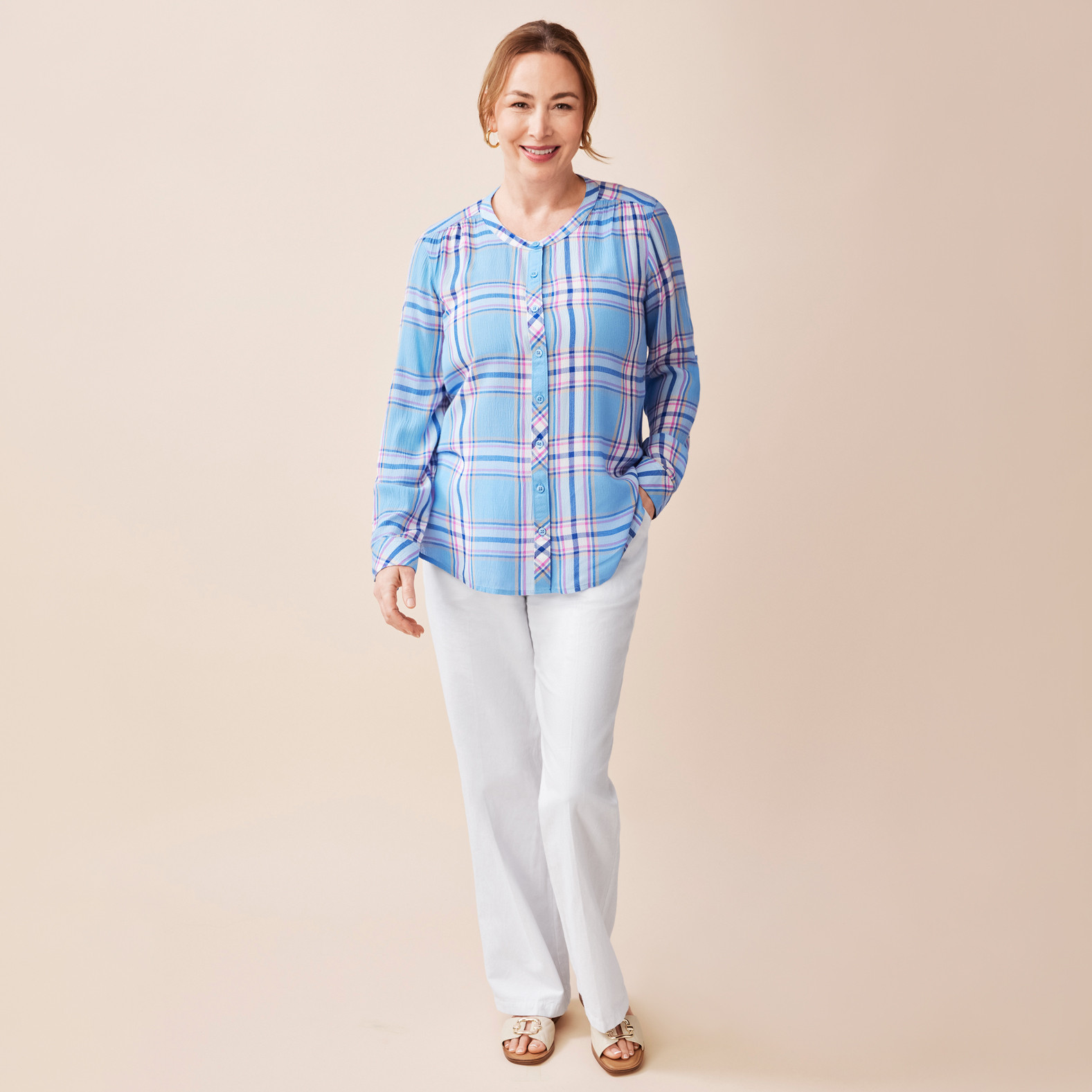 Button Front Roll Tab Shirt Full Body