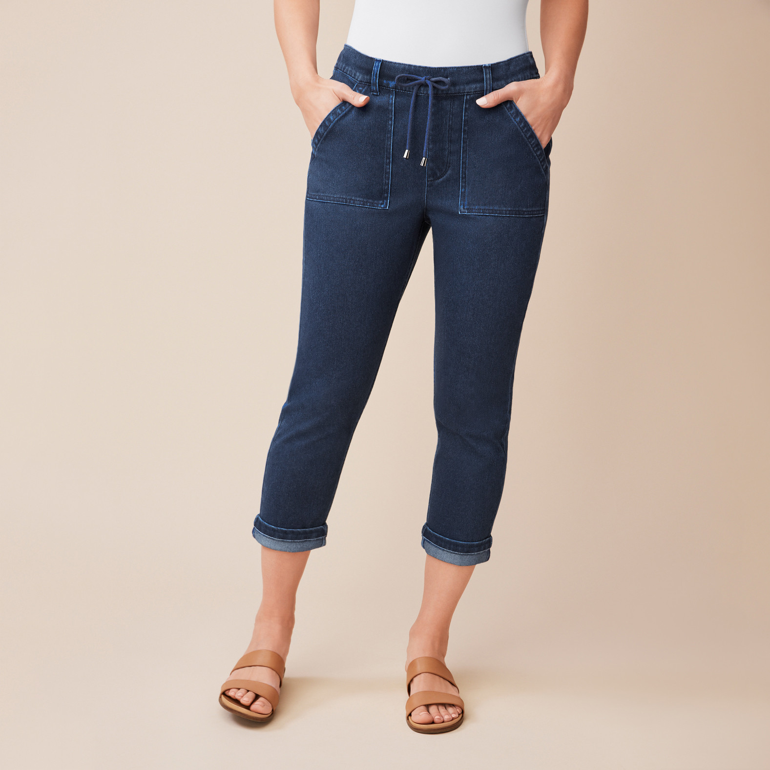 Drawstring Cargo Cropped Denim - Medium Wash