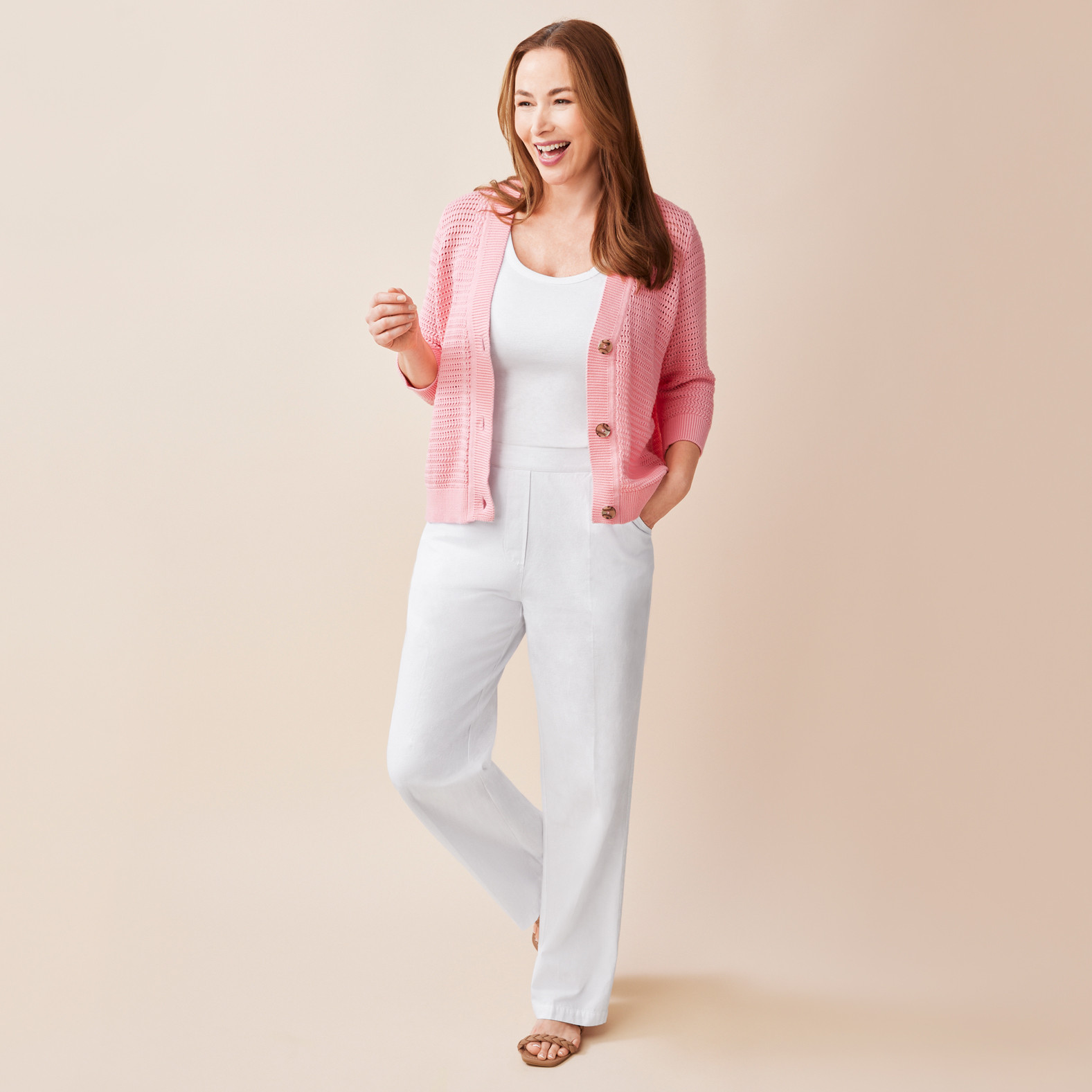 Pointelle Button Front Cardigan Full Body
