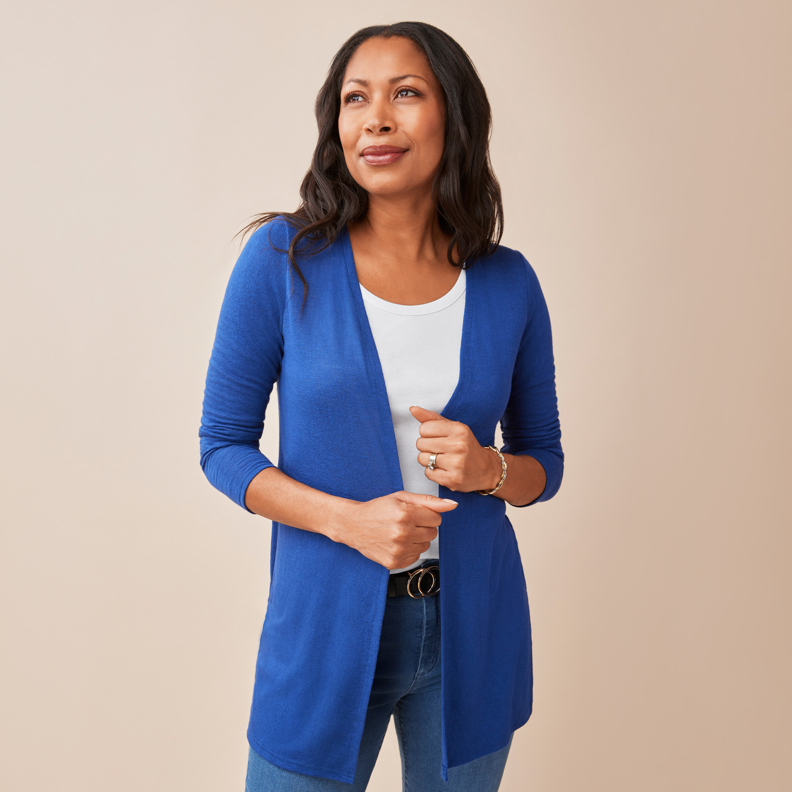 Long Sleeve Side Slit Cardigan Half Body Marine Blue