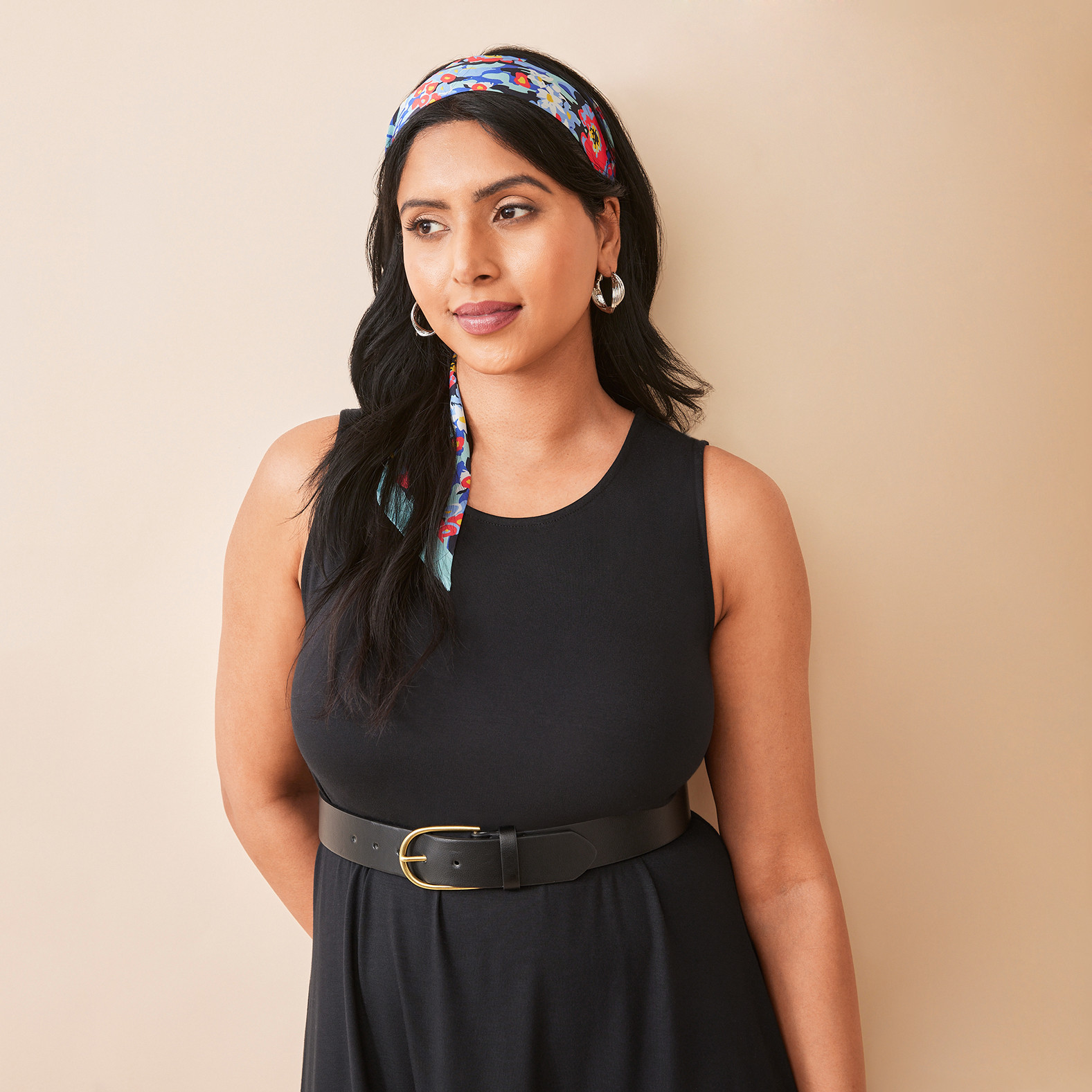 Tie Printed Scarf On Model Half Body