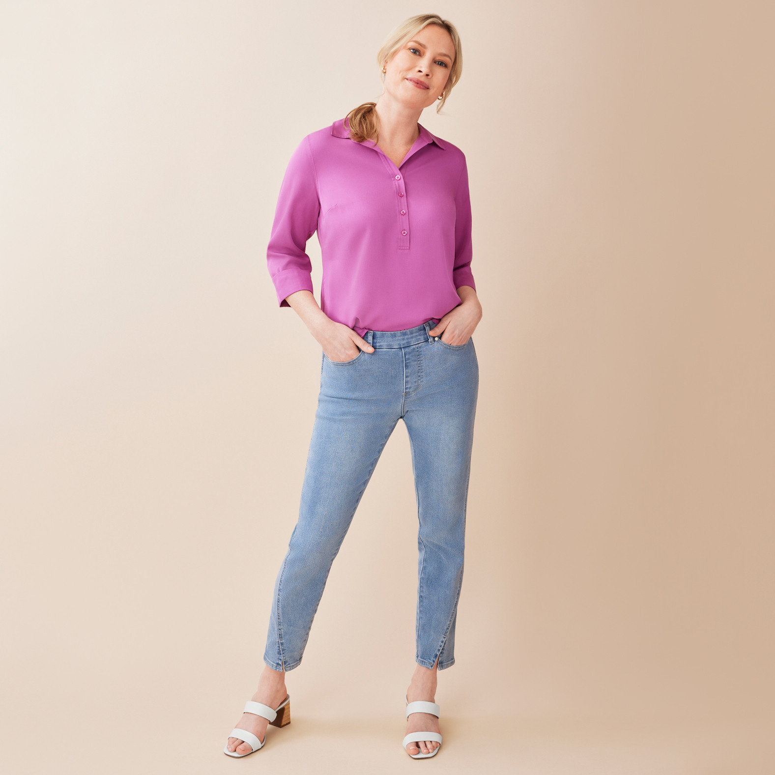 3/4 Sleeve Button Front Top Fiesta Fuchsia Full Body