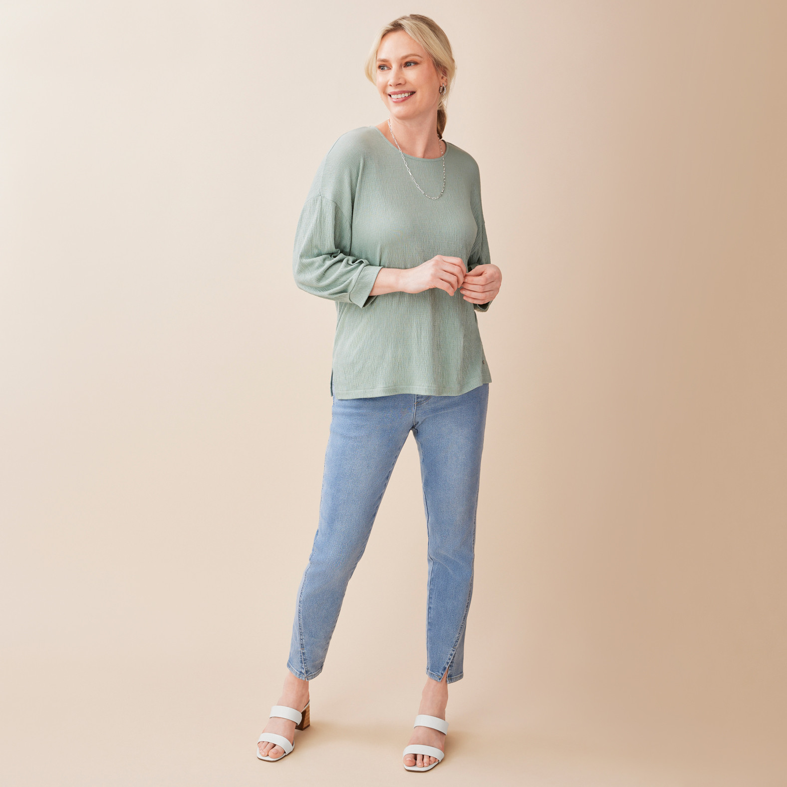 3/4 Sleeve Solid Crewneck Top Full Body