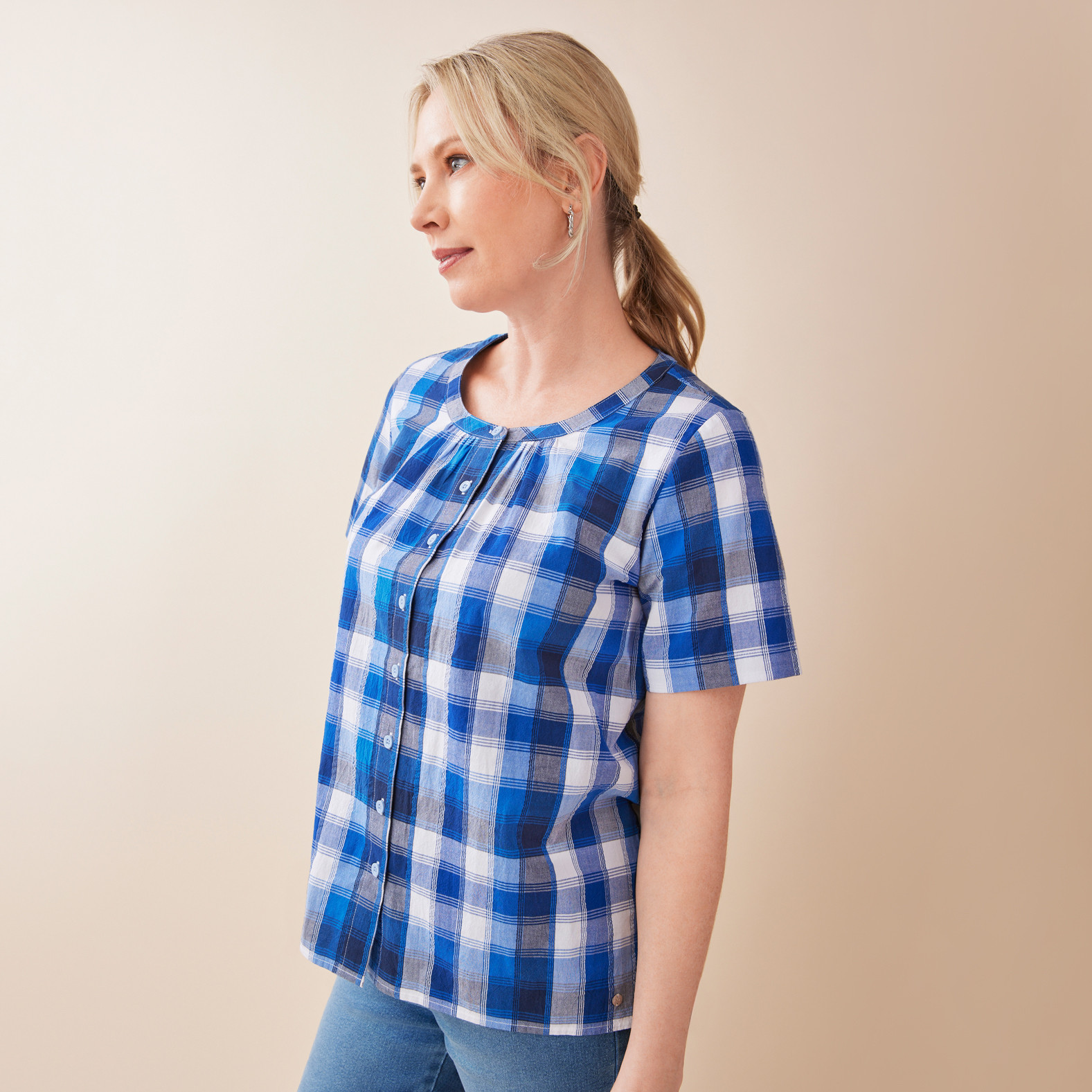 Button Front Check Top Half Body Side View
