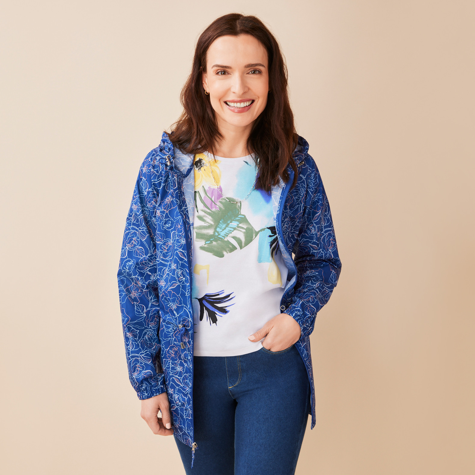 Floral Print Packable Jacket Half Body