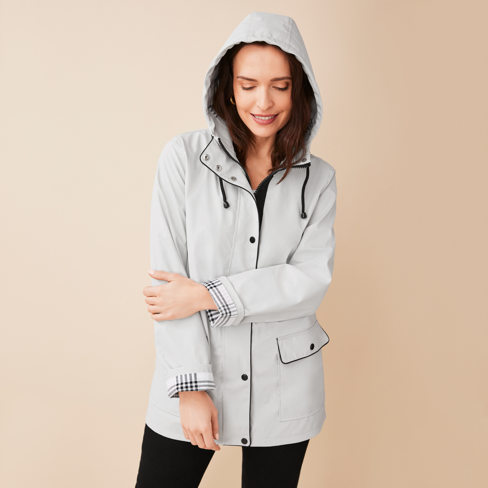 Rain Jacket with Plaid Lining Front View Half Body