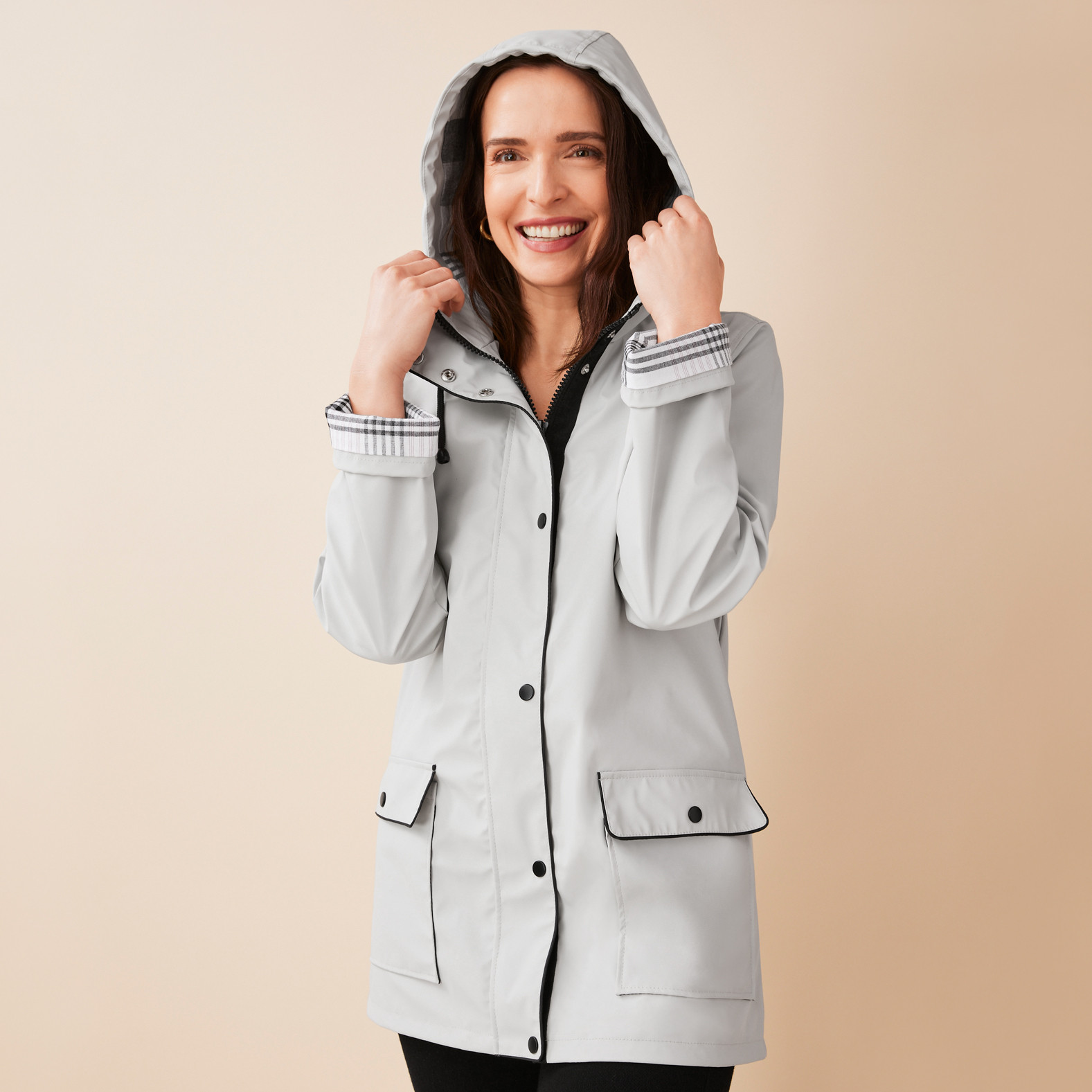 Rain Jacket with Plaid Lining Hood Up