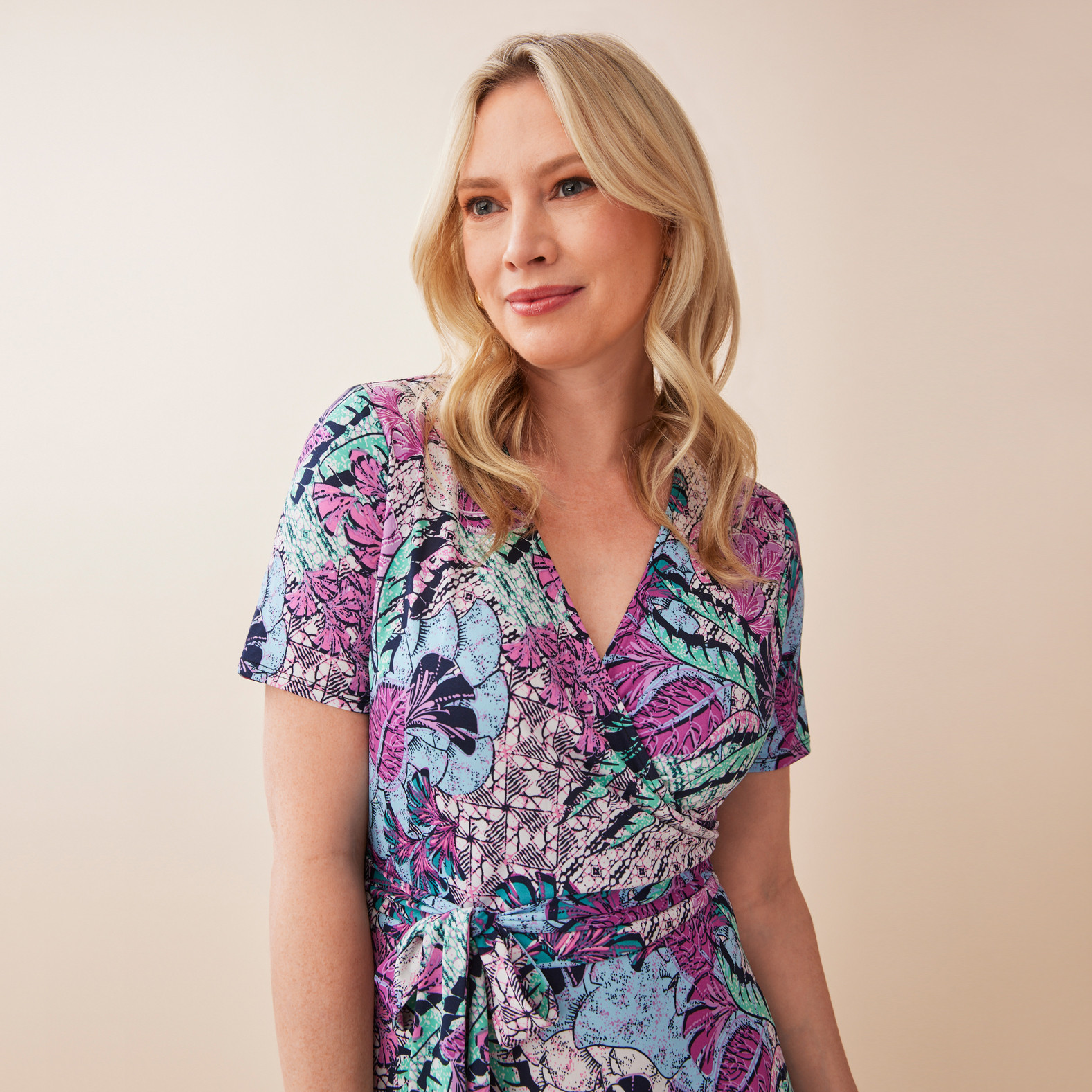 Abstract Floral Wrap Dress Half Body