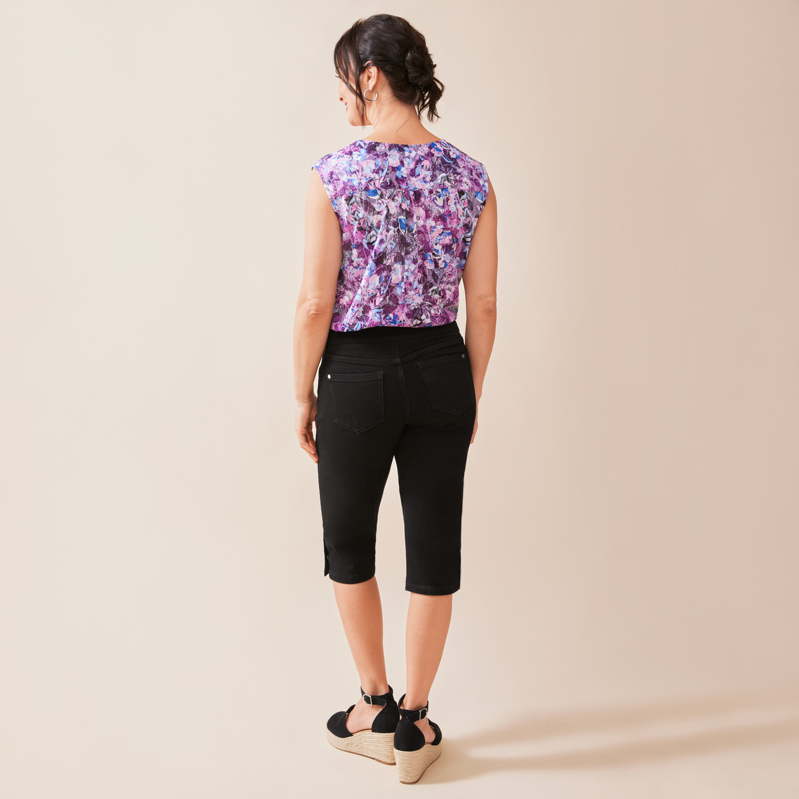 Two-Button Comfort Black Denim Capri Back View