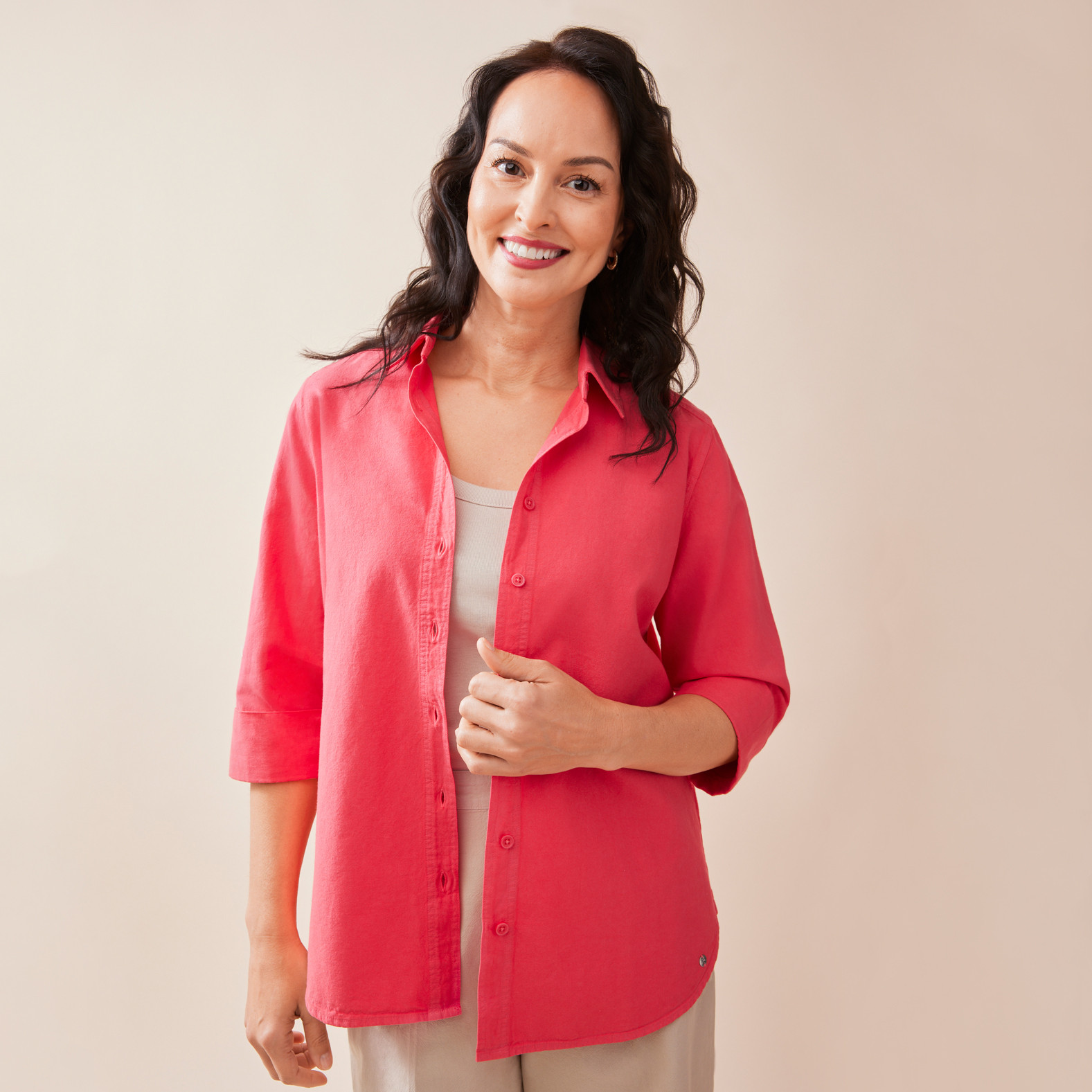 3/4 Cuffed Sleeve Garment Dye Shirt Hibiscus Coral