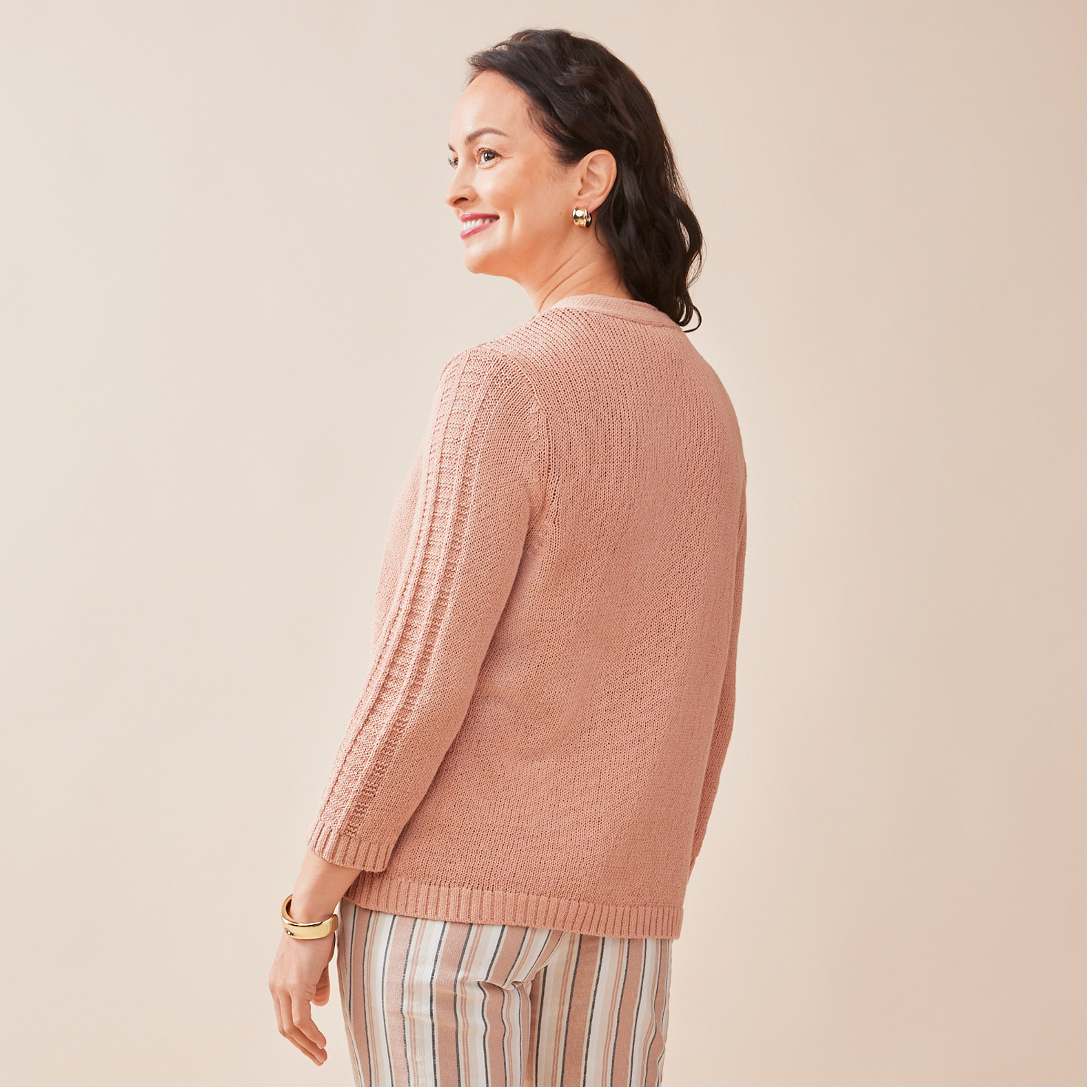 3/4 Sleeve Sweater Cardigan Back View Half Body