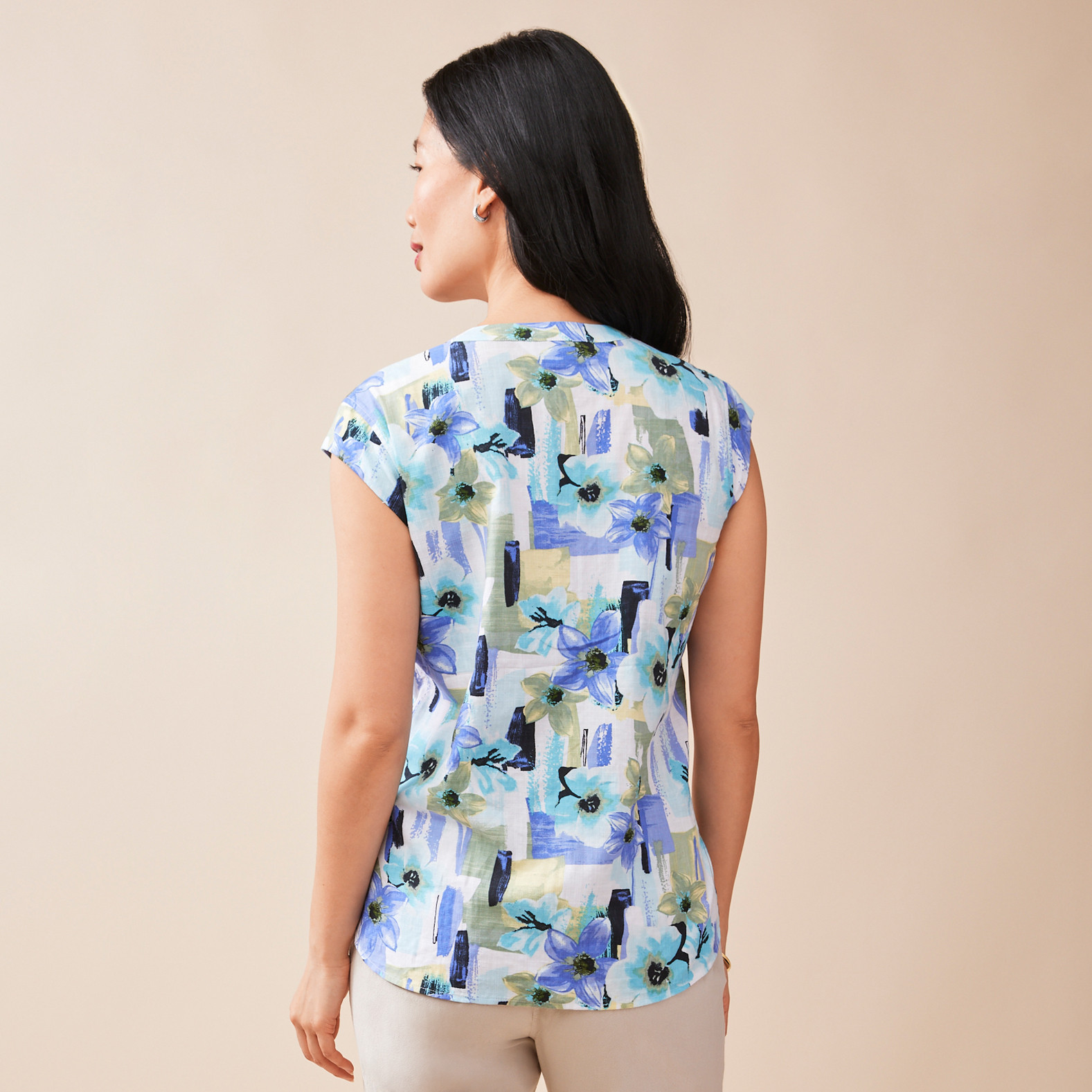 Floral Cap Sleeve Shirt Back View Half Body