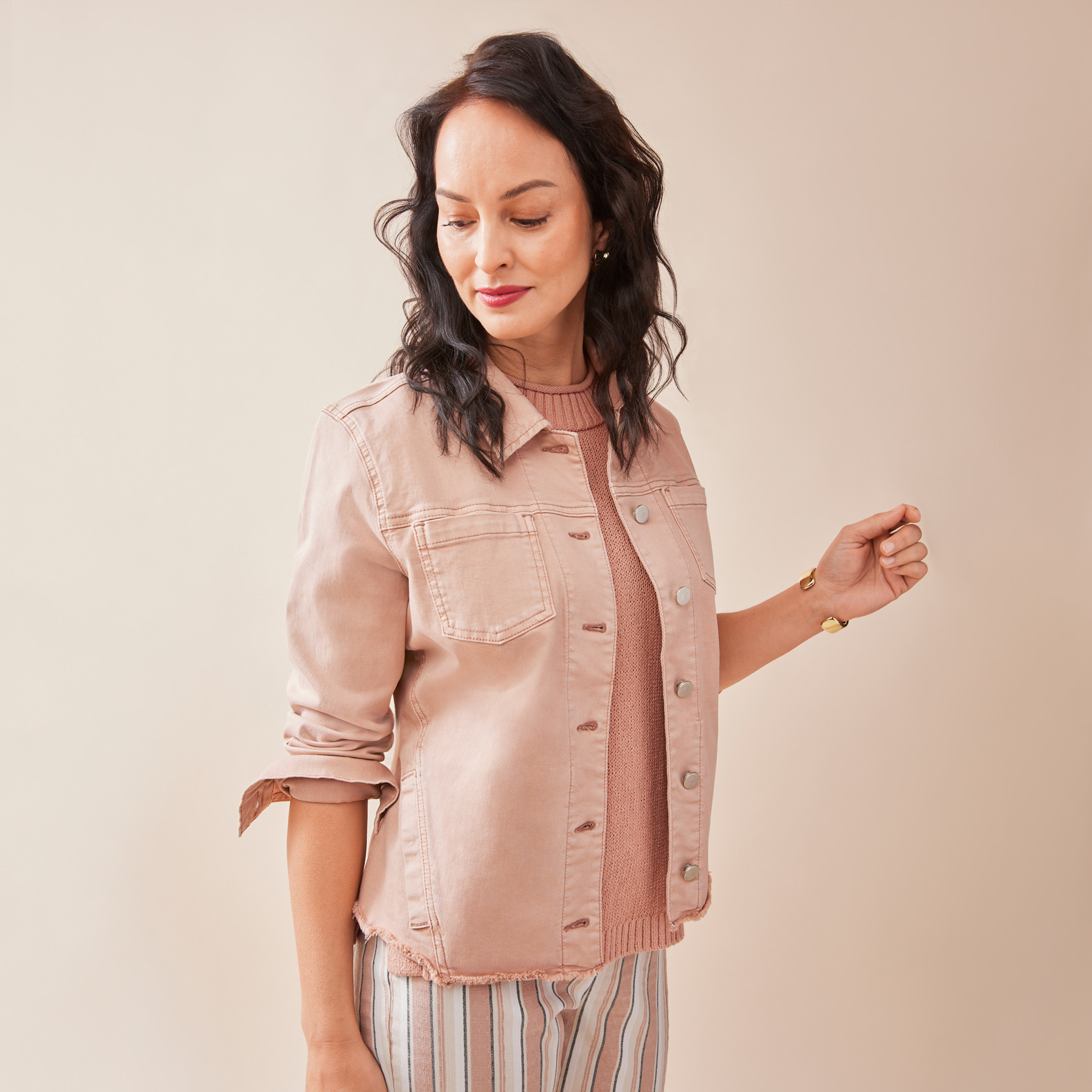 Frayed Hem Jean Jacket Half Body Front View